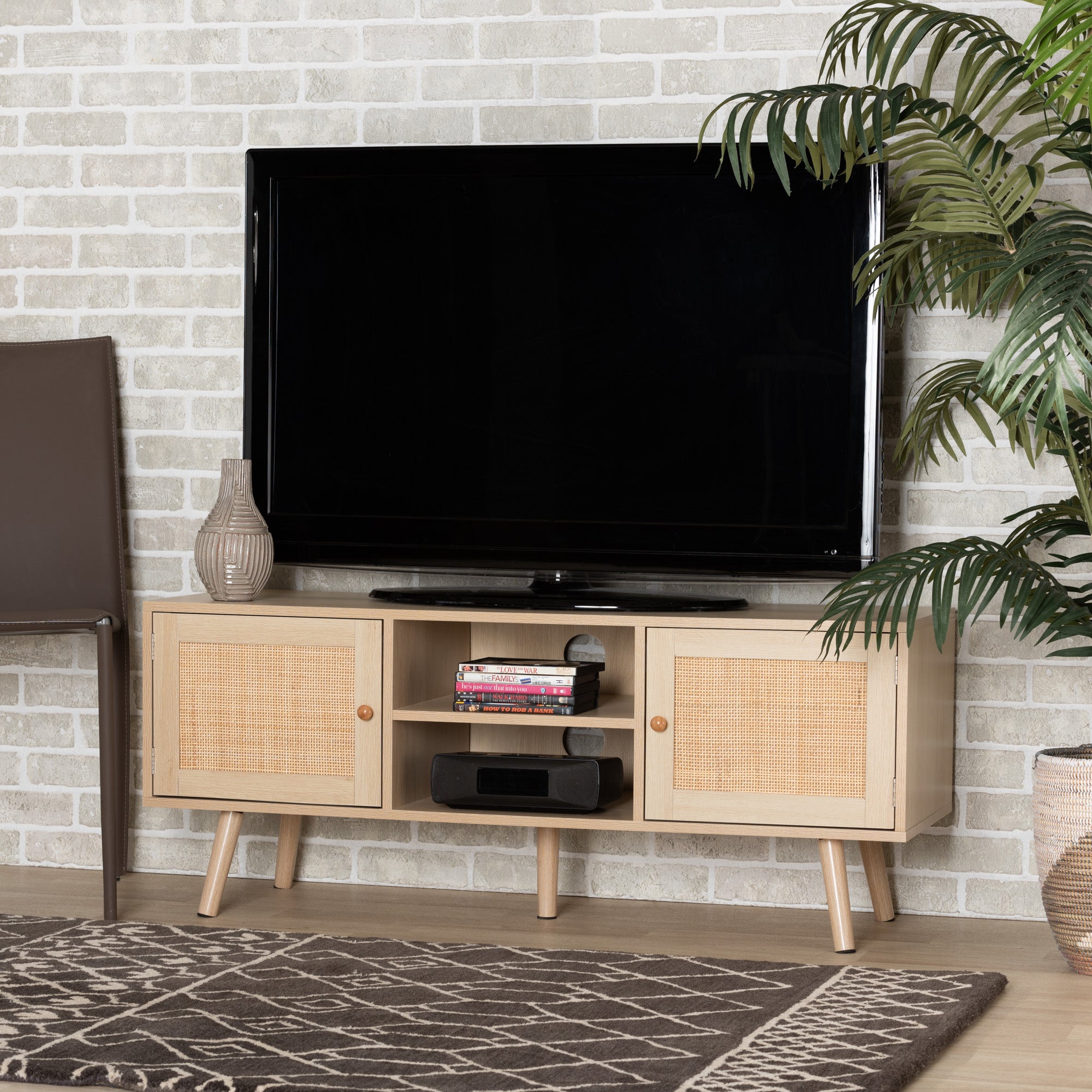 Baxton Studio Sebille Mid-Century Modern Light Brown Finished Wood 2-Door TV Stand with Natural Rattan