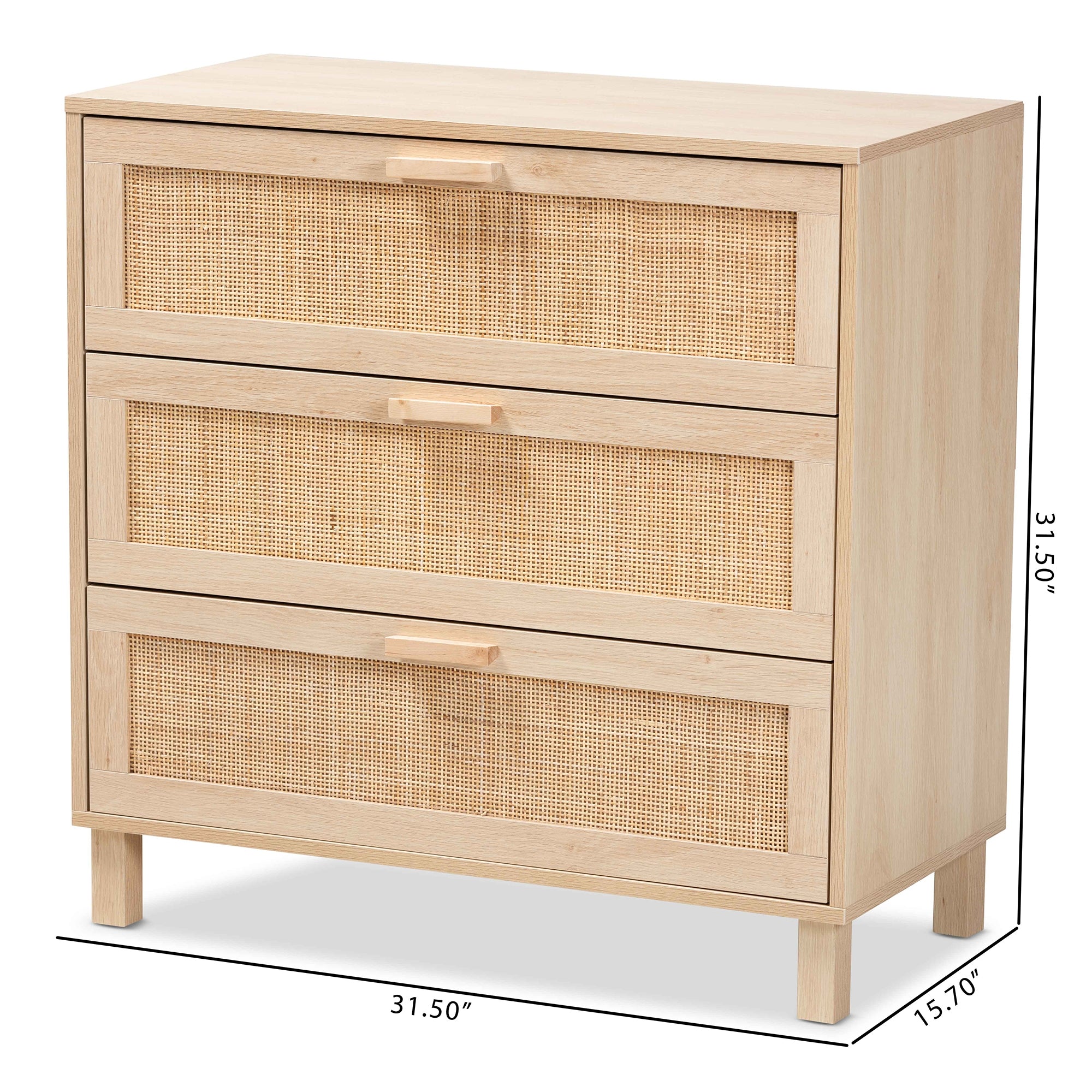 Baxton Studio Sebille Mid-Century Modern Light Brown Finished Wood 3-Drawer Storage Cabinet with Natural Rattan
