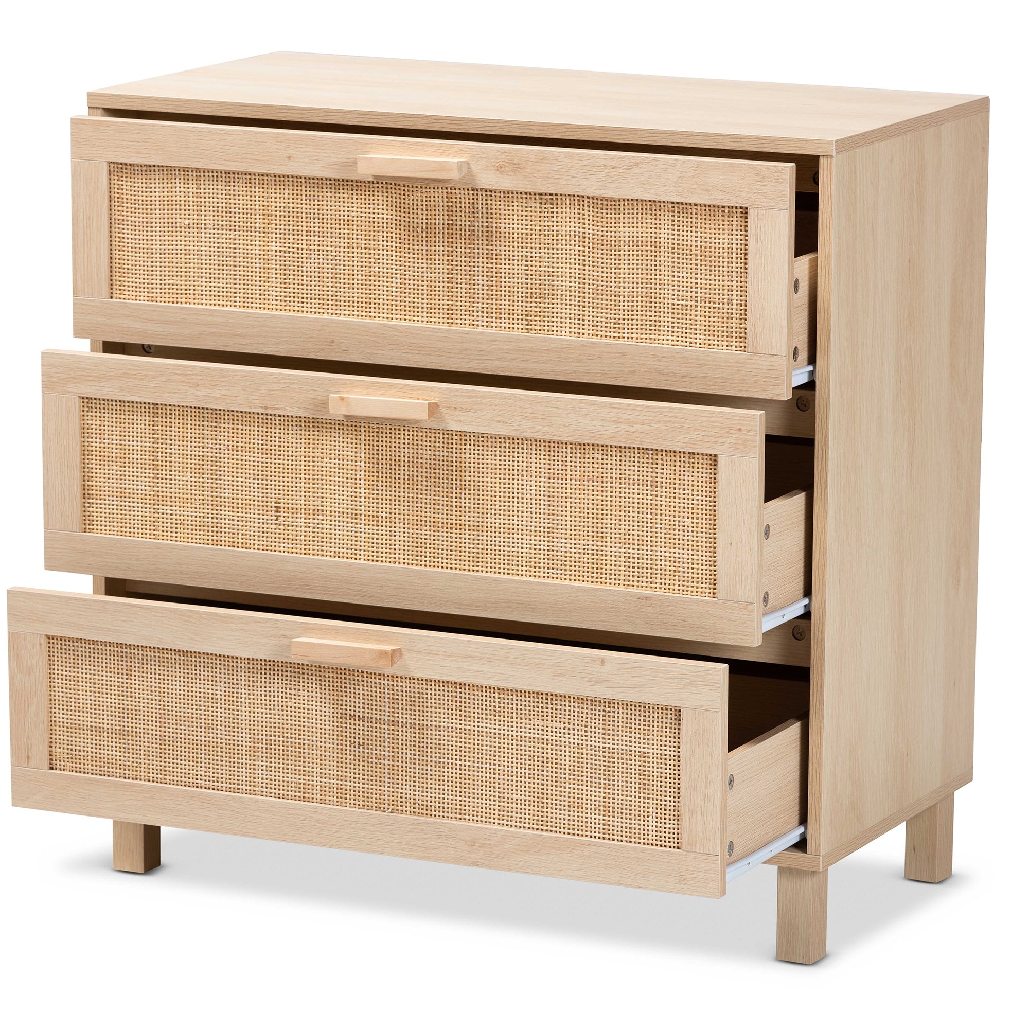 Baxton Studio Sebille Mid-Century Modern Light Brown Finished Wood 3-Drawer Storage Cabinet with Natural Rattan