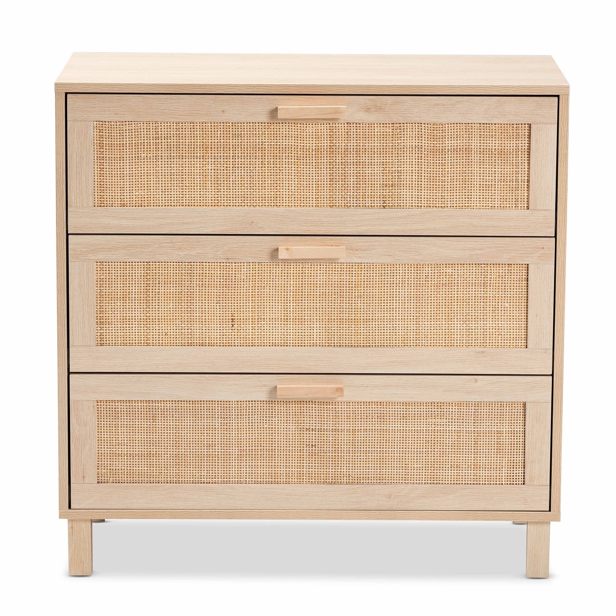 Baxton Studio Sebille Mid-Century Modern Light Brown Finished Wood 3-Drawer Storage Cabinet with Natural Rattan