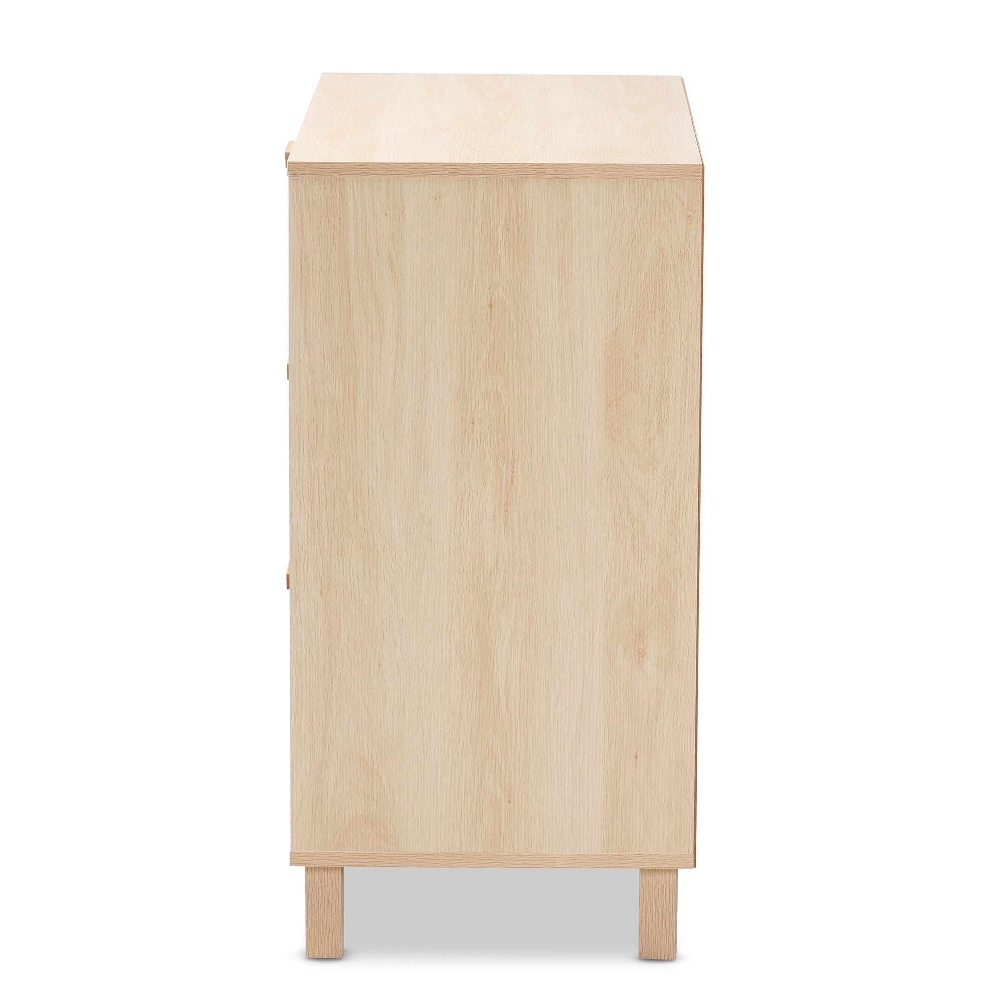 Baxton Studio Sebille Mid-Century Modern Light Brown Finished Wood 3-Drawer Storage Cabinet with Natural Rattan
