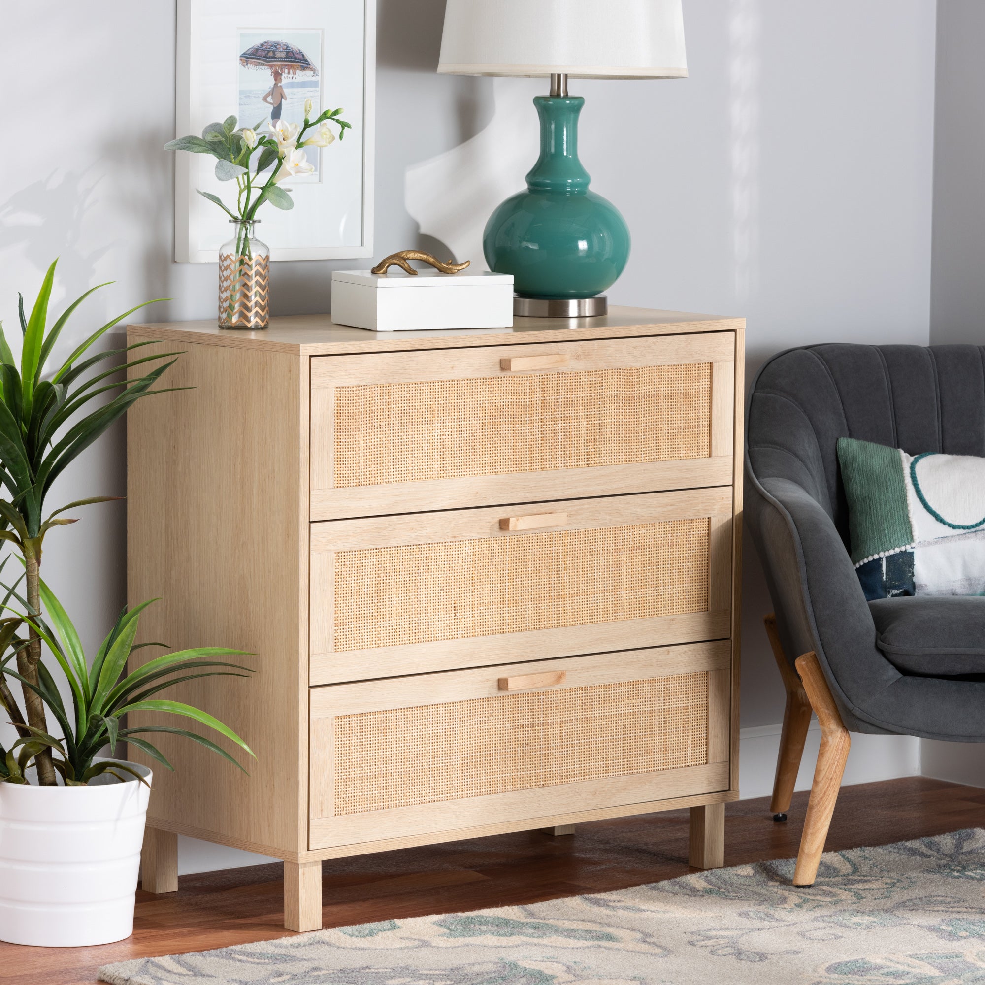 Baxton Studio Sebille Mid-Century Modern Light Brown Finished Wood 3-Drawer Storage Cabinet with Natural Rattan