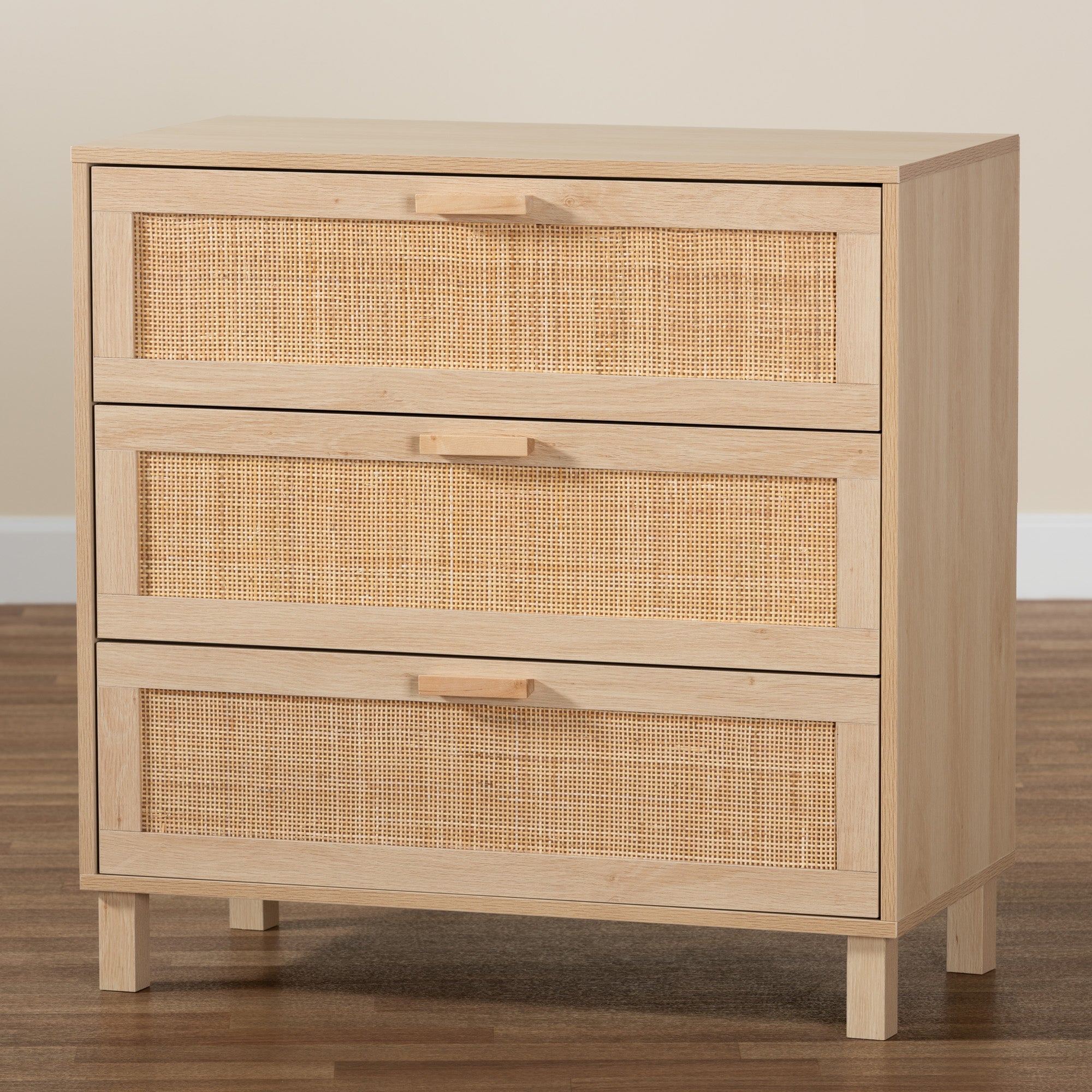 Baxton Studio Sebille Mid-Century Modern Light Brown Finished Wood 3-Drawer Storage Cabinet with Natural Rattan