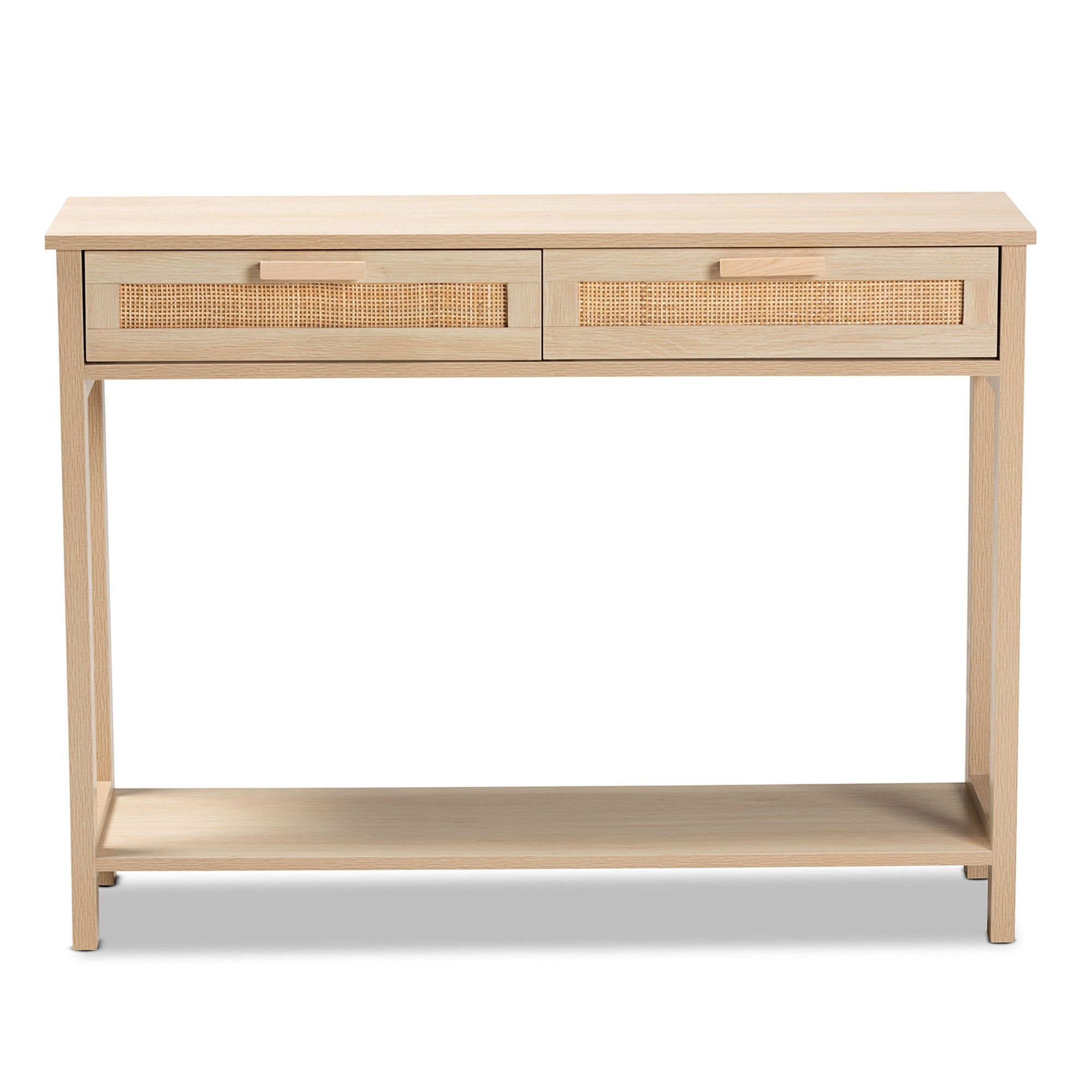 Baxton Studio Sebille Mid-Century Modern Light Brown Finished Wood 2-Drawer Console Table with Natural Rattan