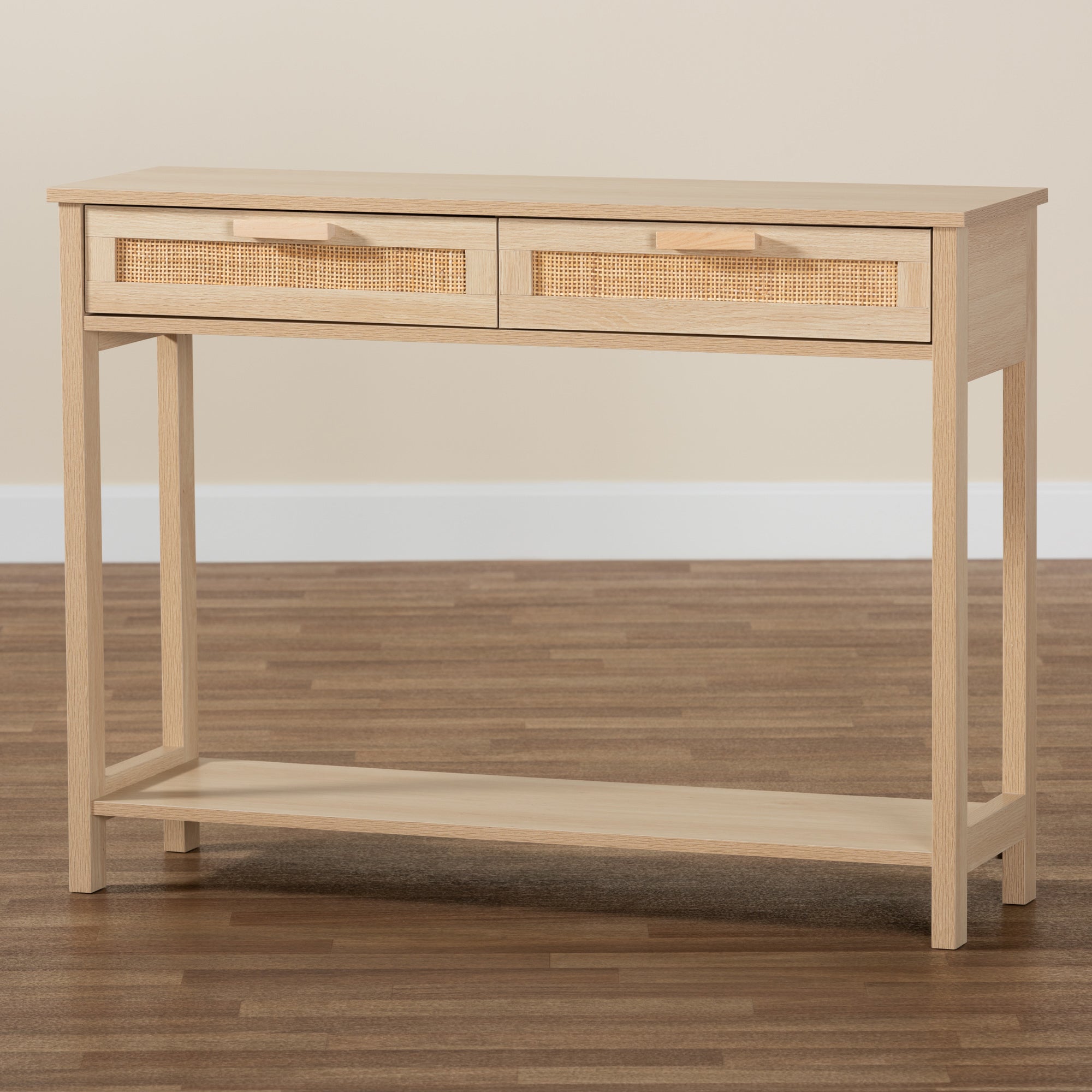 Baxton Studio Sebille Mid-Century Modern Light Brown Finished Wood 2-Drawer Console Table with Natural Rattan