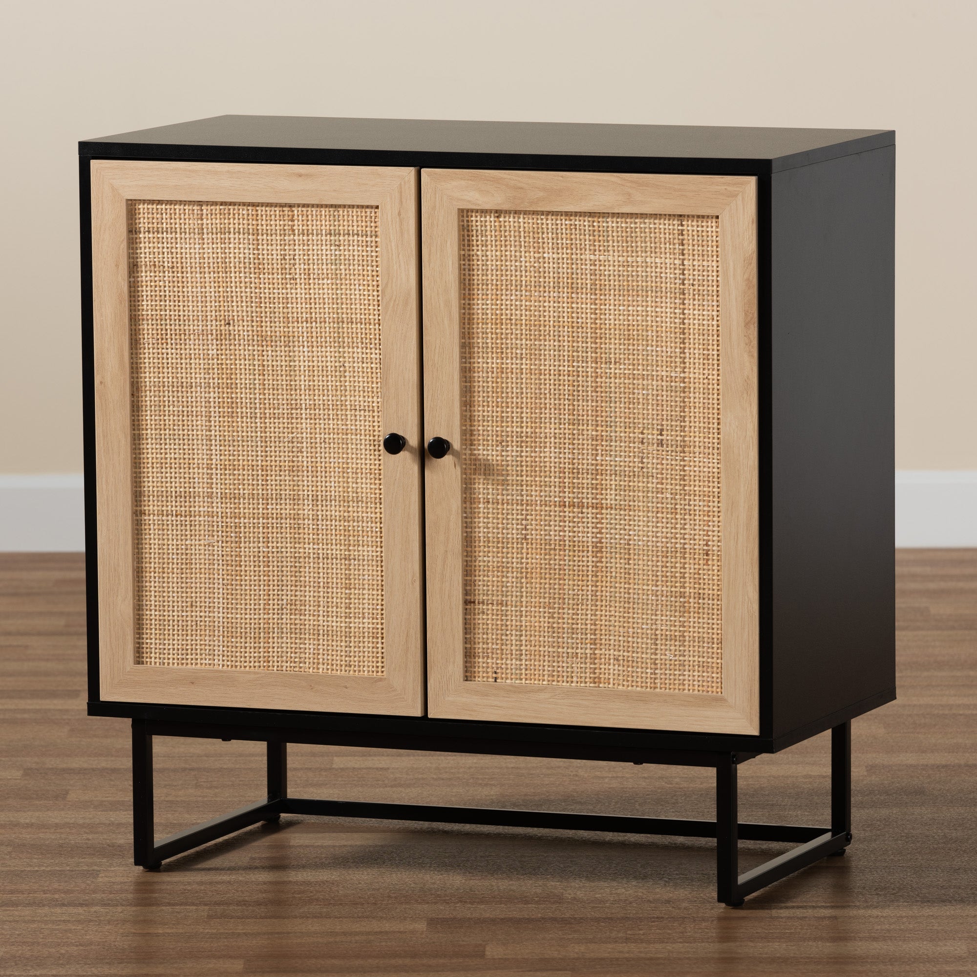 Baxton Studio Declan Mid-Century Modern Espresso Brown Finished Wood and Natural Rattan 2-Door Storage Cabinet