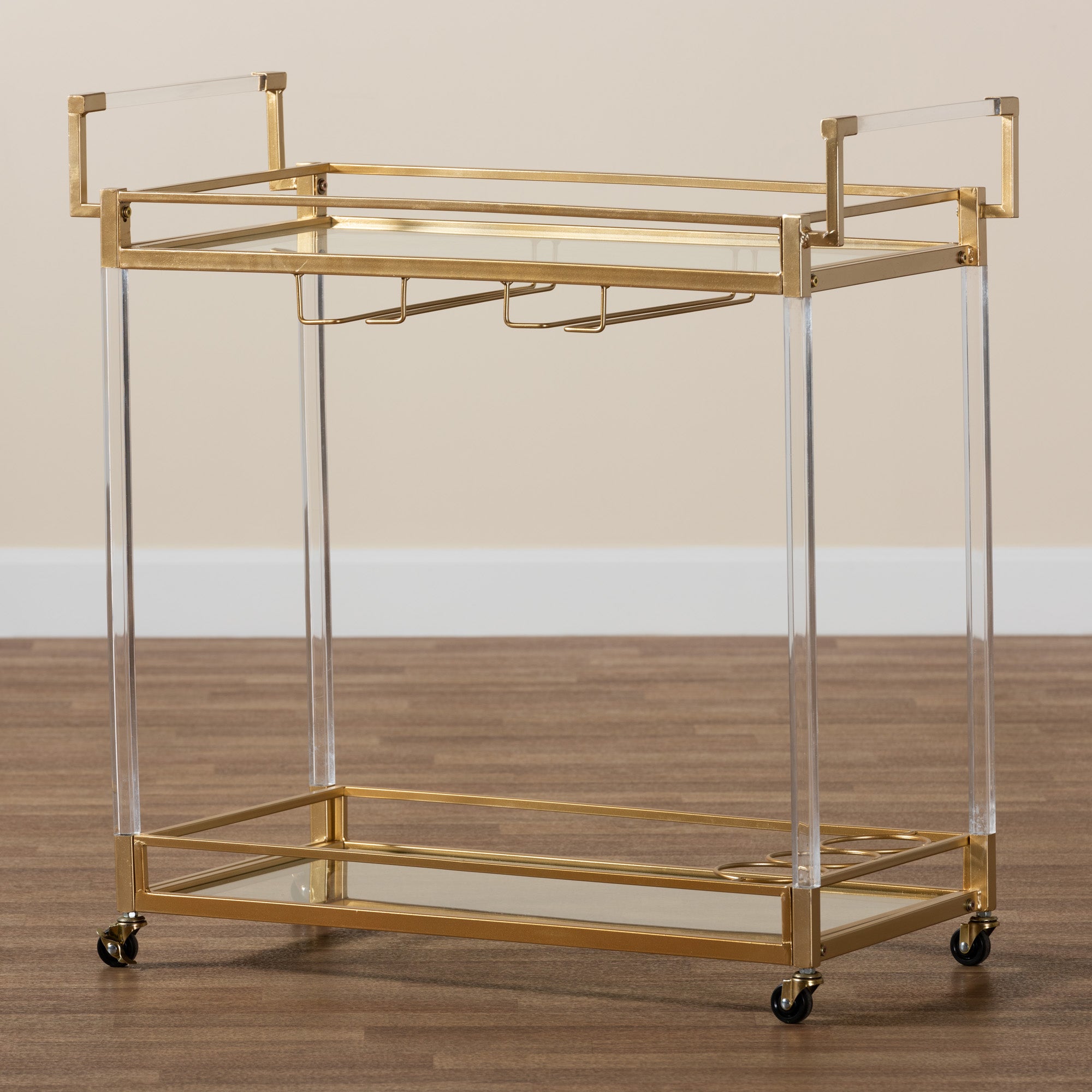 Baxton Studio Savannah Contemporary Glam and Luxe Gold Metal and Glass Wine Cart