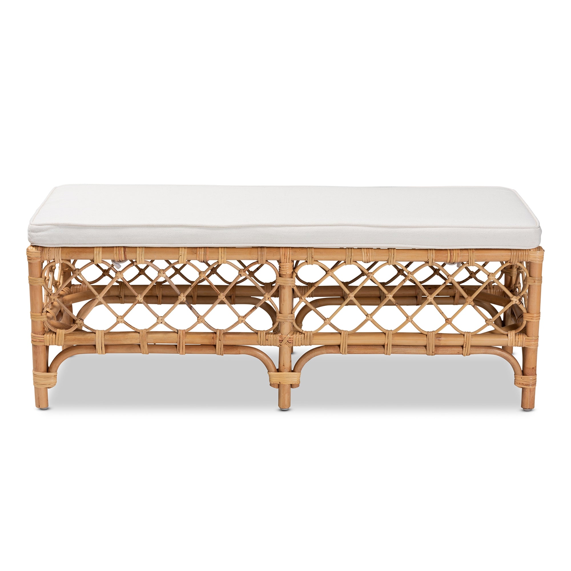 bali & pari Orchard Modern Bohemian White Fabric Upholstered and Natural Brown Rattan Bench