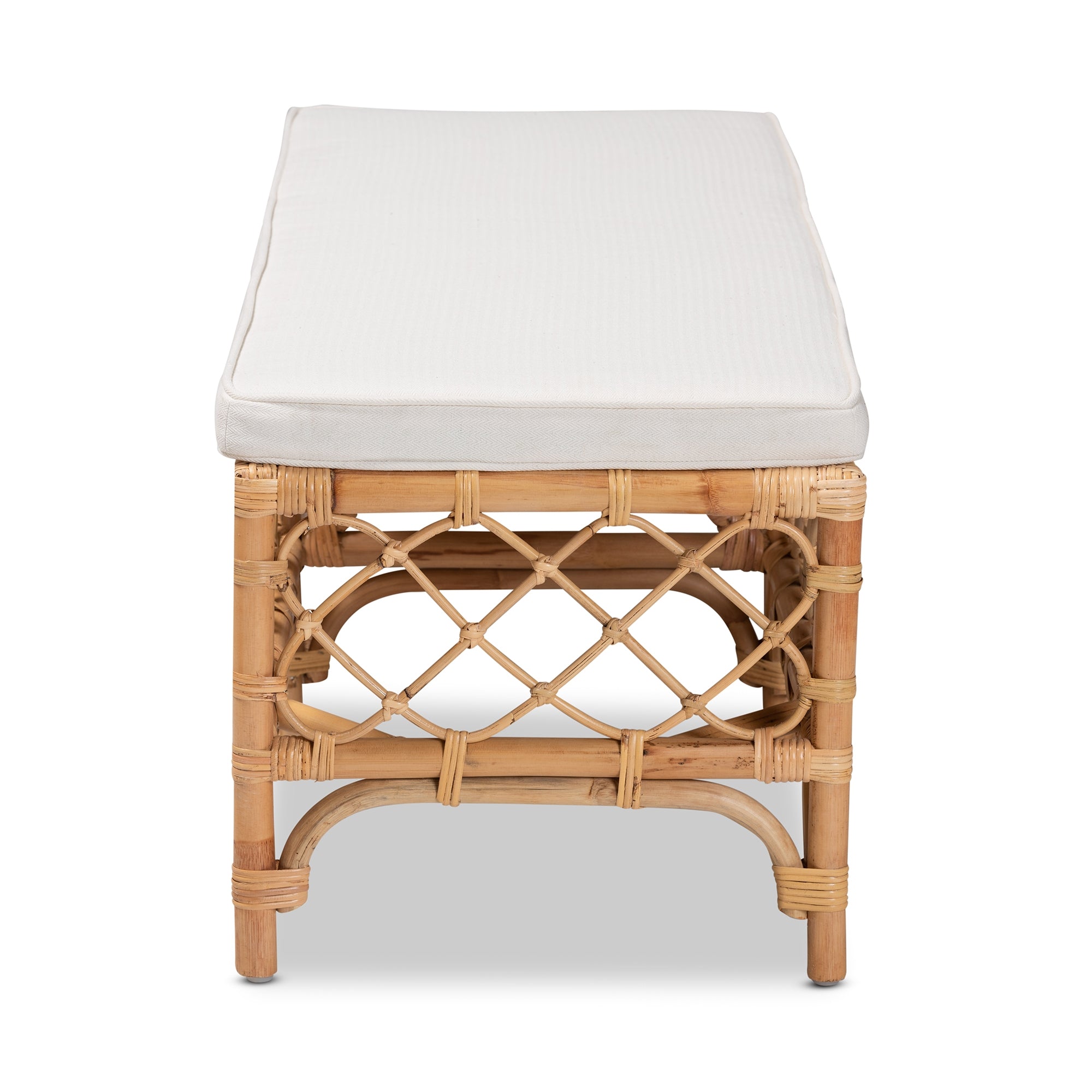bali & pari Orchard Modern Bohemian White Fabric Upholstered and Natural Brown Rattan Bench