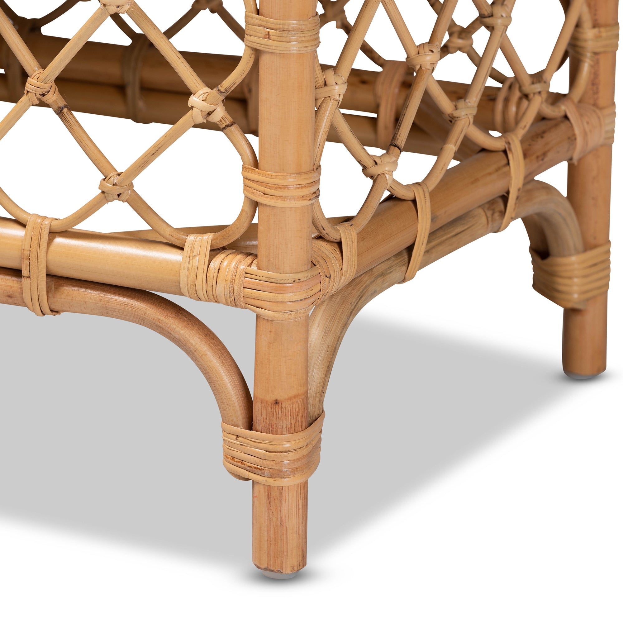 bali & pari Orchard Modern Bohemian White Fabric Upholstered and Natural Brown Rattan Bench