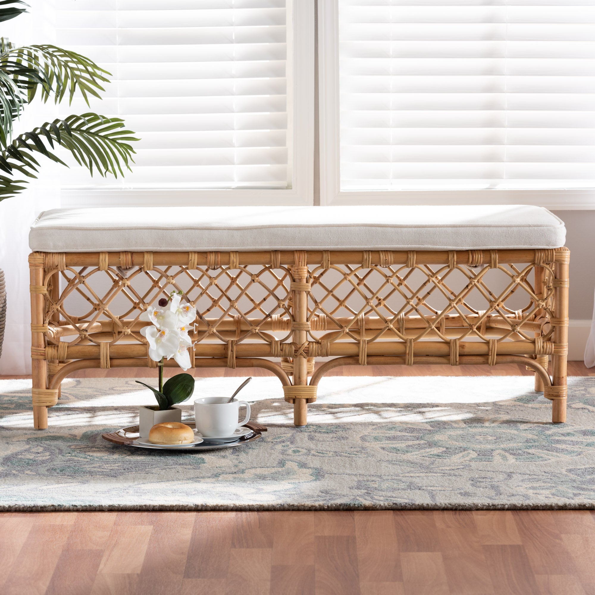 bali & pari Orchard Modern Bohemian White Fabric Upholstered and Natural Brown Rattan Bench