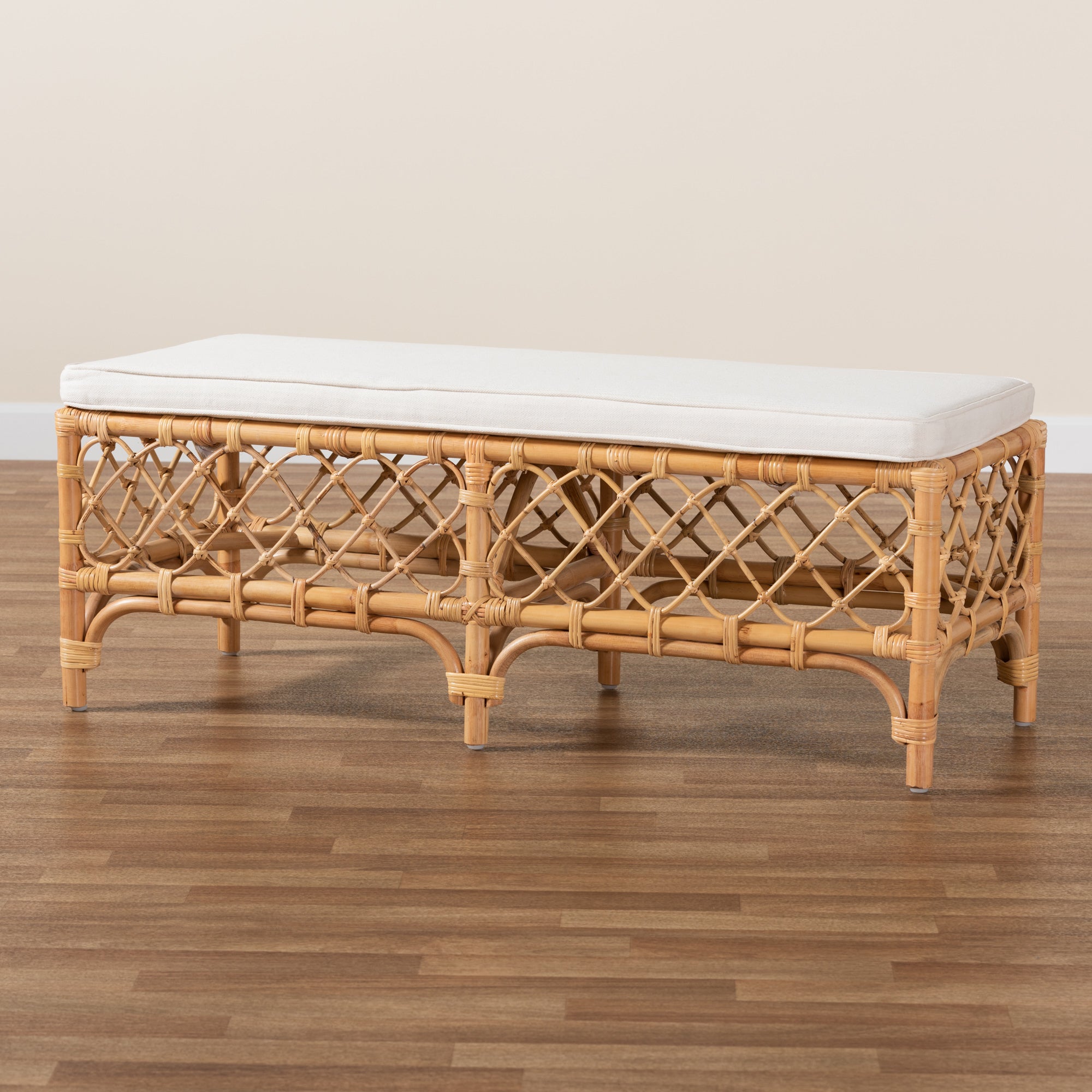 bali & pari Orchard Modern Bohemian White Fabric Upholstered and Natural Brown Rattan Bench