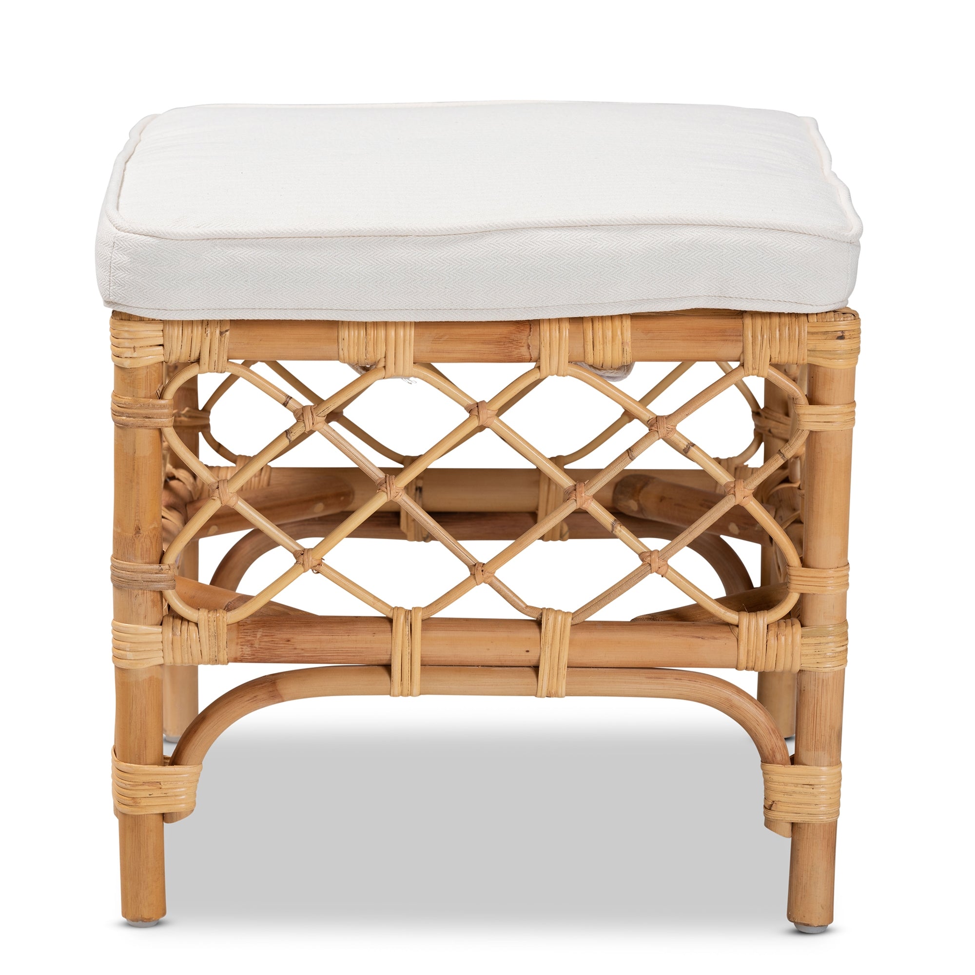 bali & pari Orchard Modern Bohemian White Fabric Upholstered and Natural Brown Rattan Ottoman