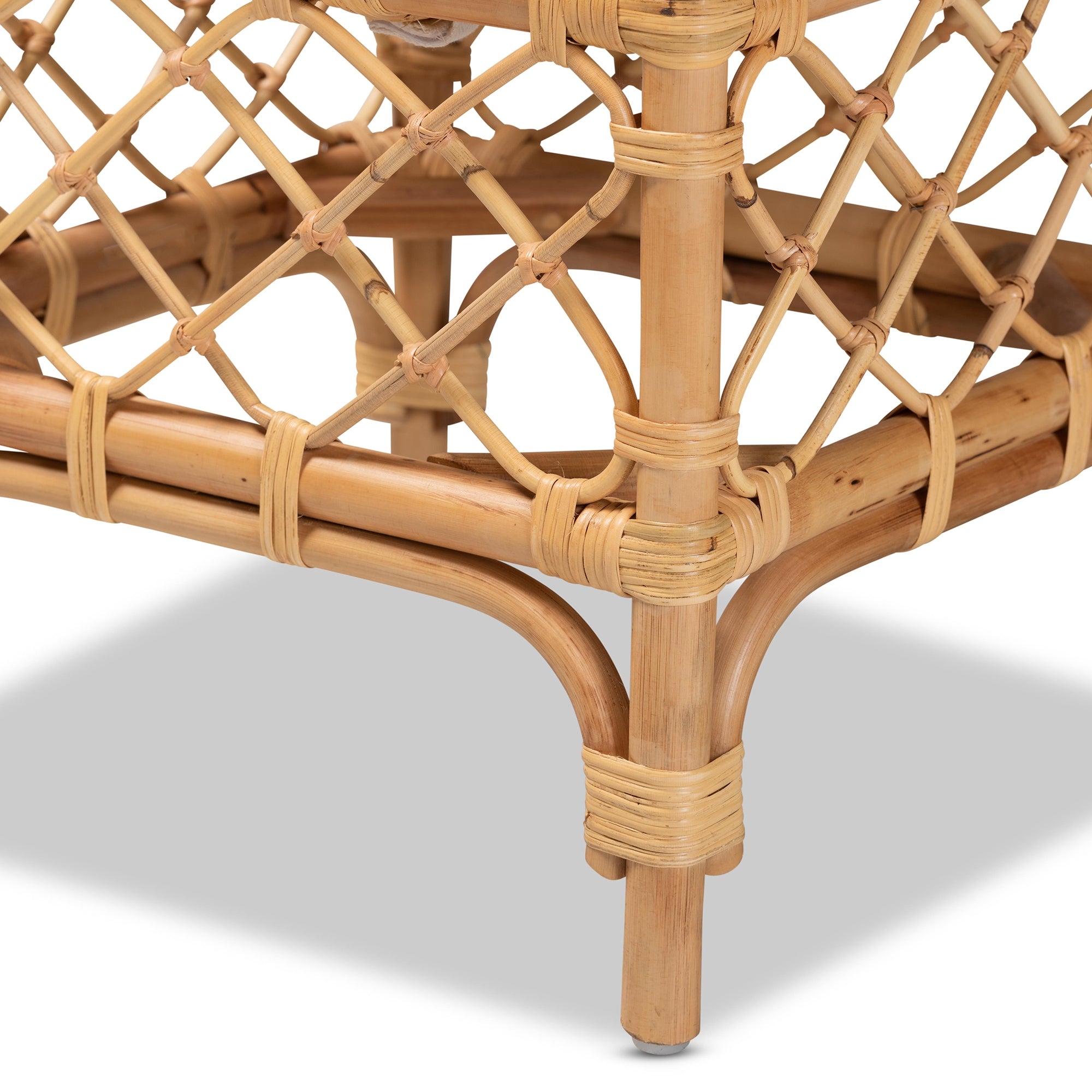 bali & pari Orchard Modern Bohemian White Fabric Upholstered and Natural Brown Rattan Ottoman