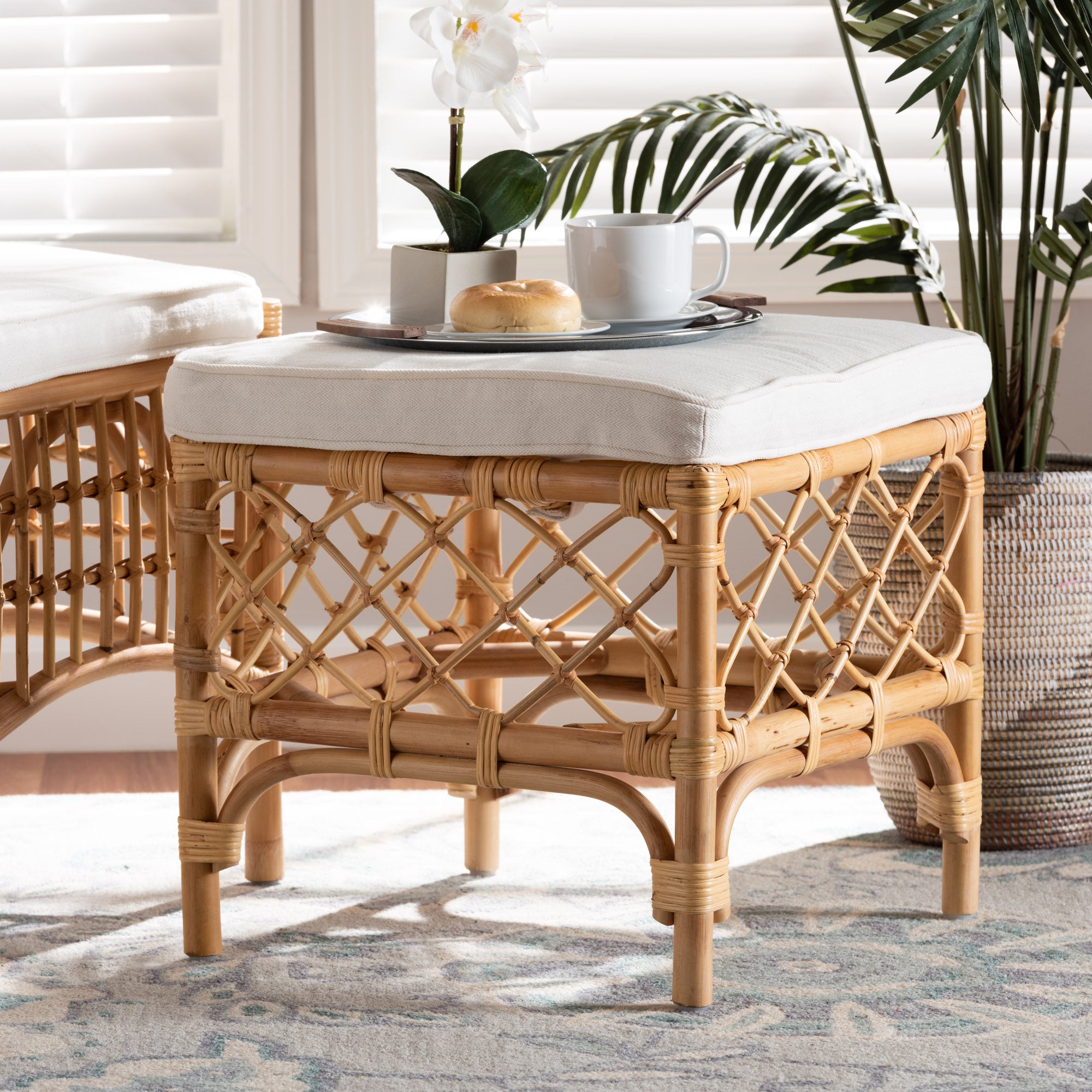 bali & pari Orchard Modern Bohemian White Fabric Upholstered and Natural Brown Rattan Ottoman