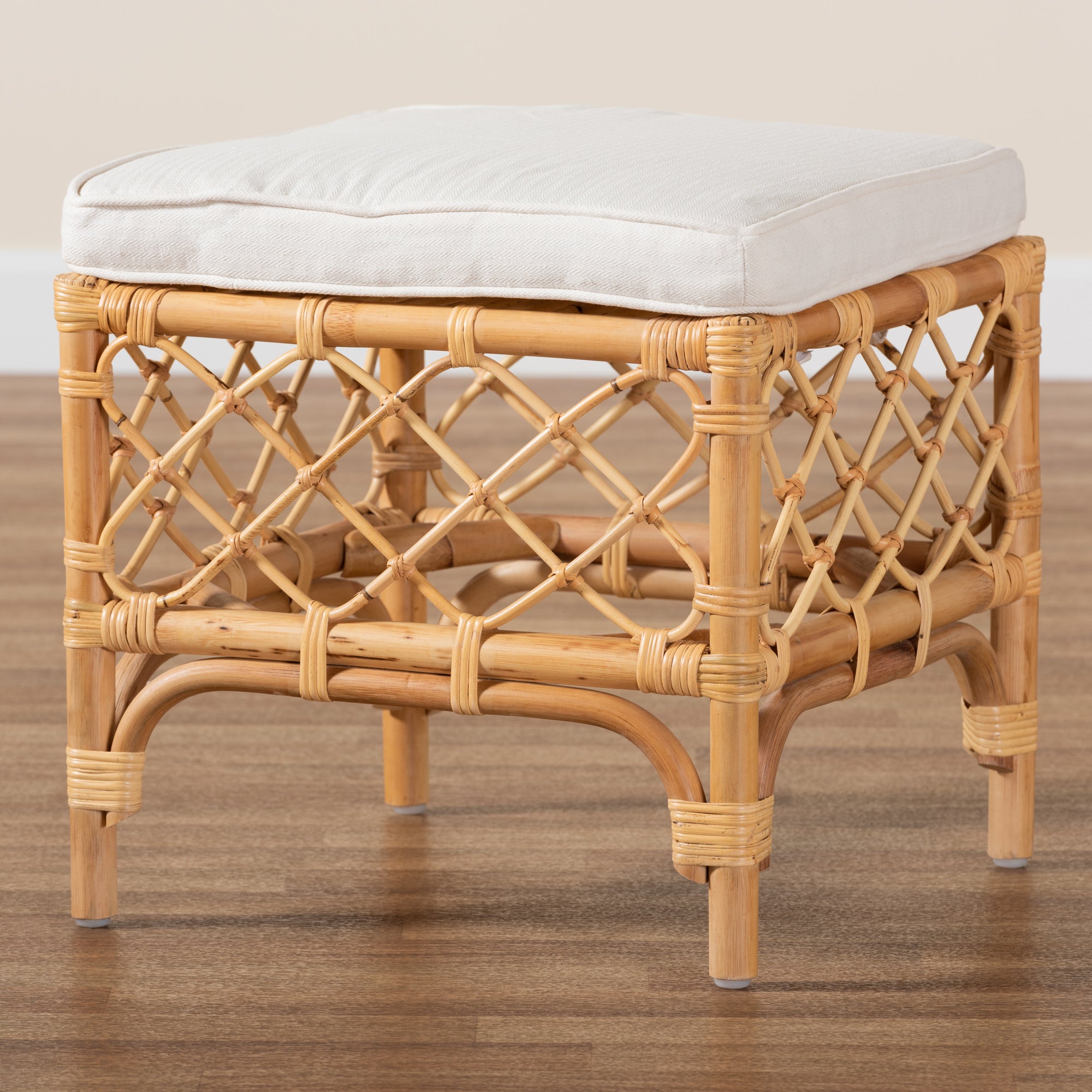 bali & pari Orchard Modern Bohemian White Fabric Upholstered and Natural Brown Rattan Ottoman