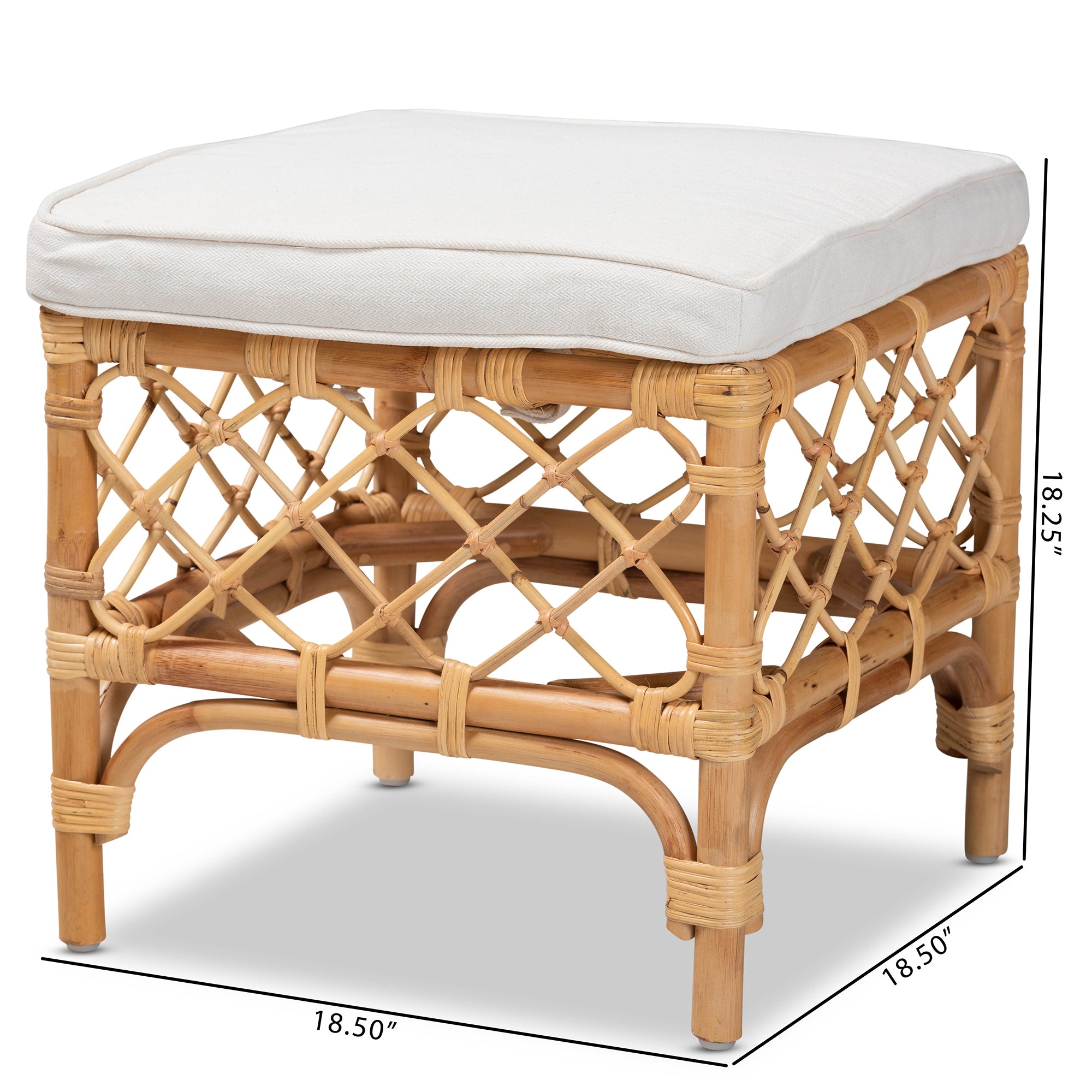 bali & pari Orchard Modern Bohemian White Fabric Upholstered and Natural Brown Rattan Ottoman
