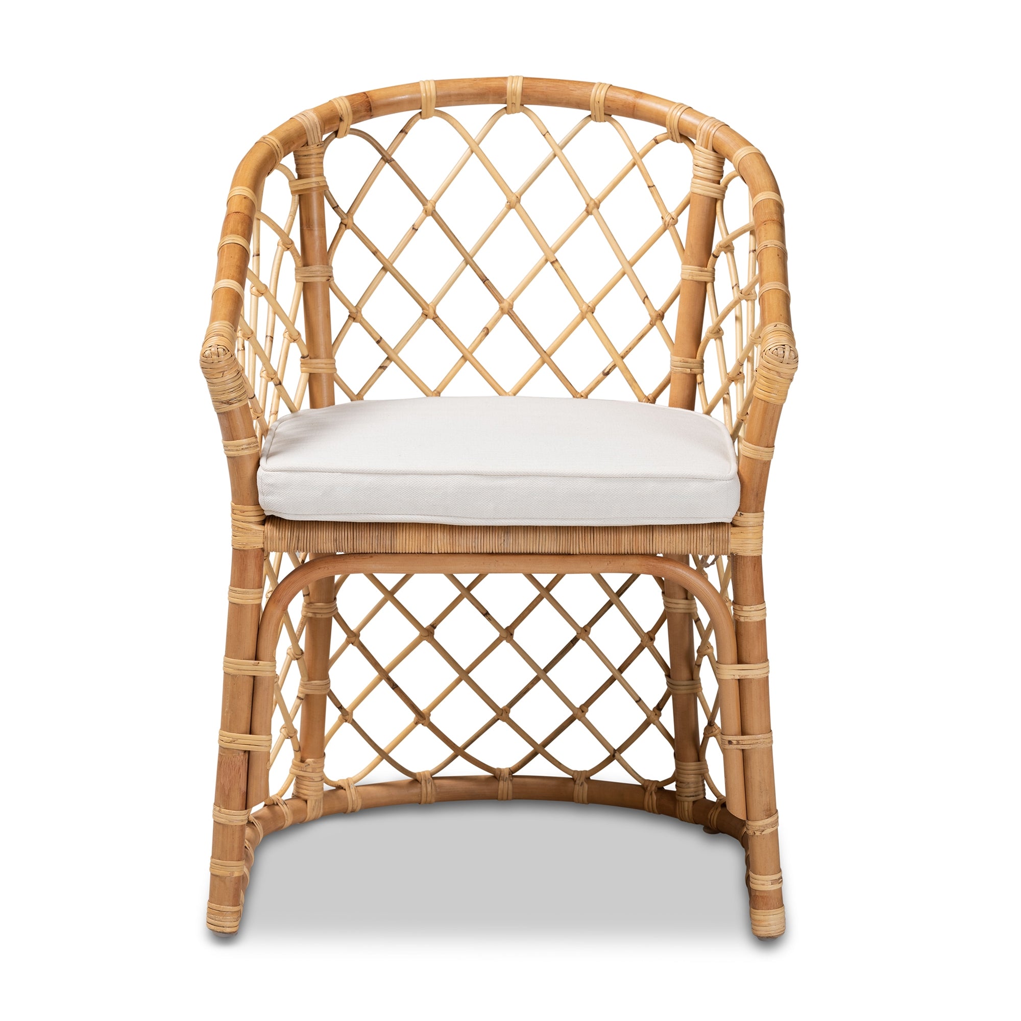 bali & pari Orchard Modern Bohemian White Fabric Upholstered and Natural Brown Rattan Dining Chair