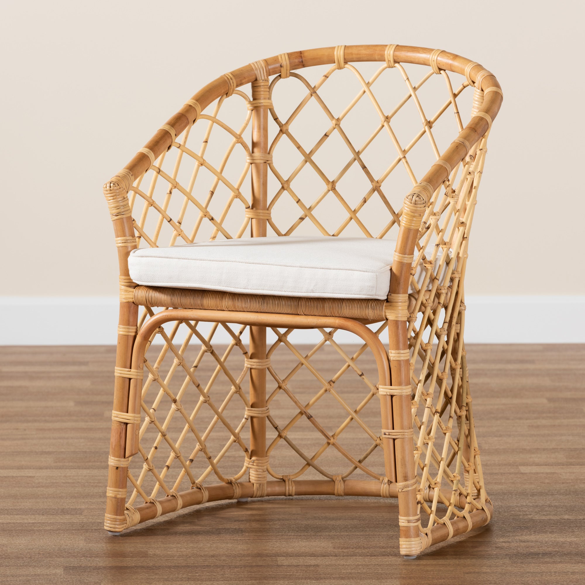 bali & pari Orchard Modern Bohemian White Fabric Upholstered and Natural Brown Rattan Dining Chair
