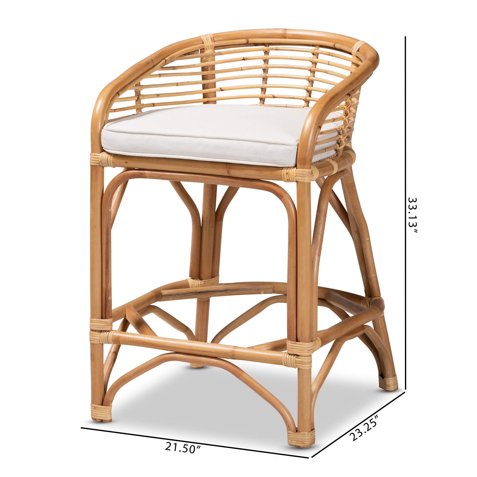 bali & pari Maverick Modern Bohemian White Fabric Upholstered and Natural Brown Rattan Counter Stool