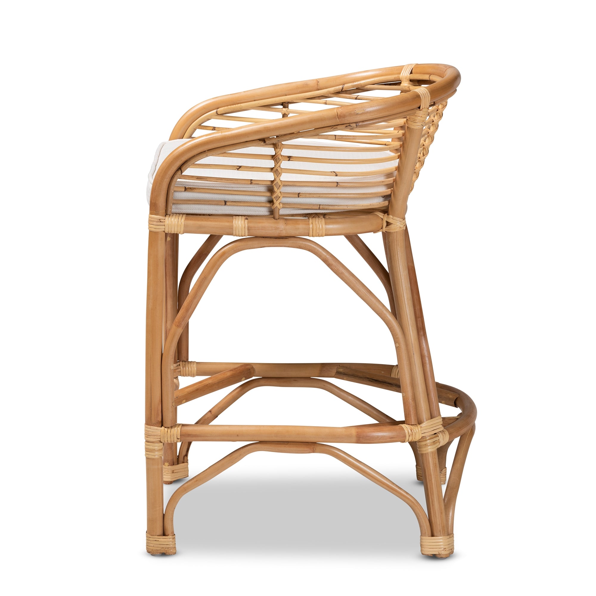 bali & pari Maverick Modern Bohemian White Fabric Upholstered and Natural Brown Rattan Counter Stool