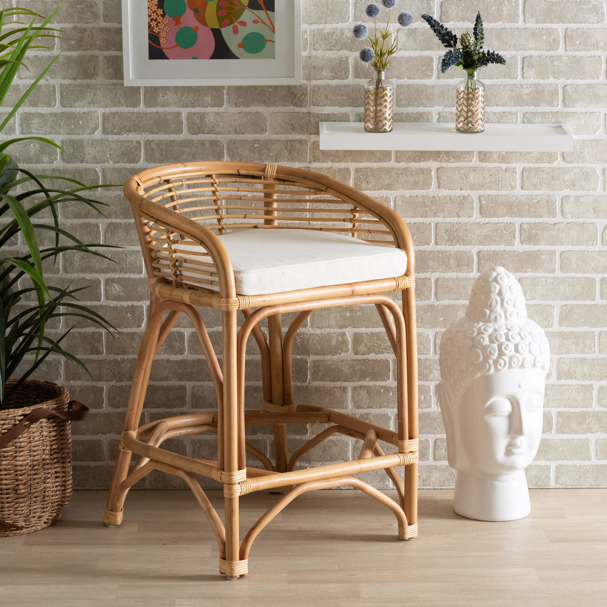 bali & pari Maverick Modern Bohemian White Fabric Upholstered and Natural Brown Rattan Counter Stool