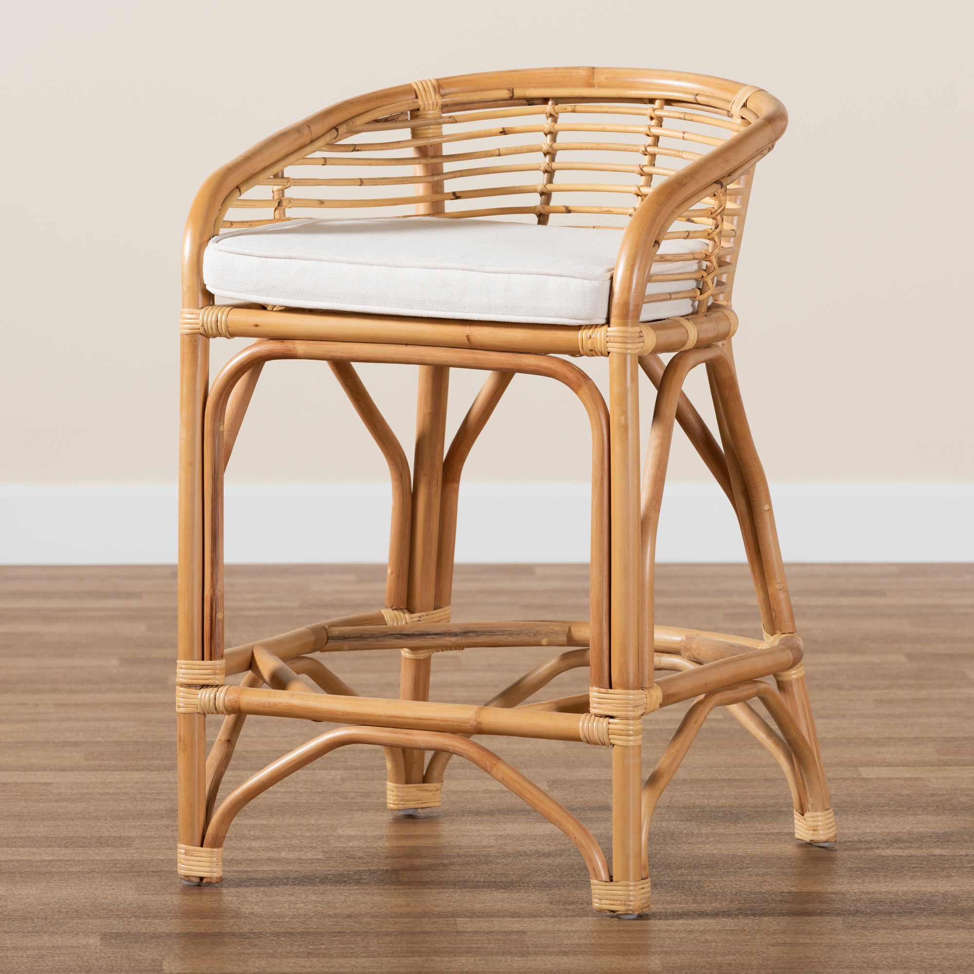 bali & pari Maverick Modern Bohemian White Fabric Upholstered and Natural Brown Rattan Counter Stool