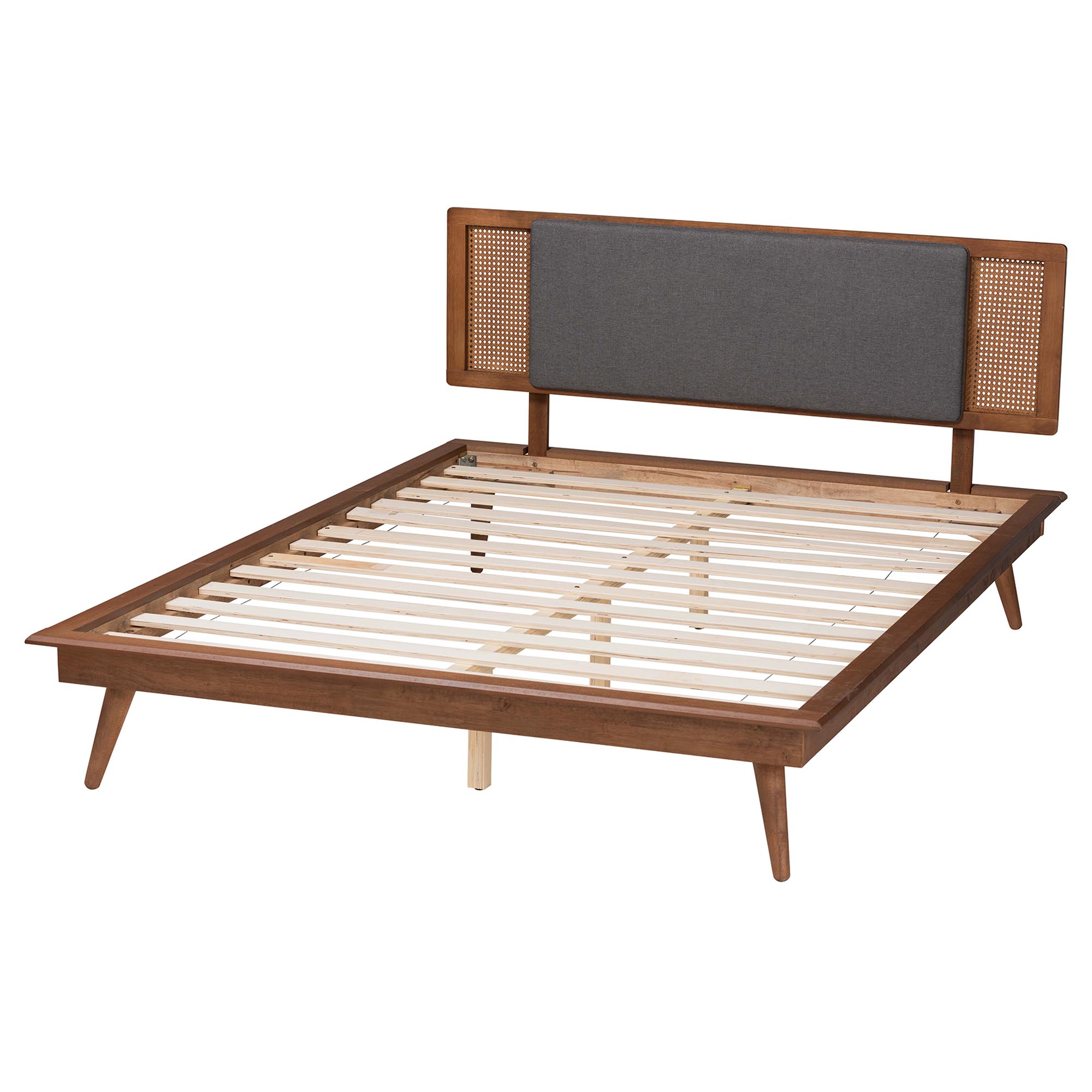 Baxton Studio Delfina Mid-Century Modern Dark Grey Fabric and Walnut Brown Finished Wood Queen Size Platform Bed