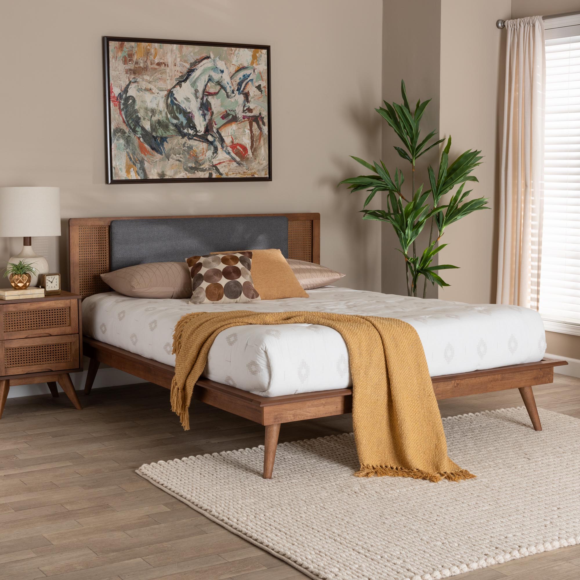 Baxton Studio Delfina Mid-Century Modern Dark Grey Fabric and Walnut Brown Finished Wood Queen Size Platform Bed