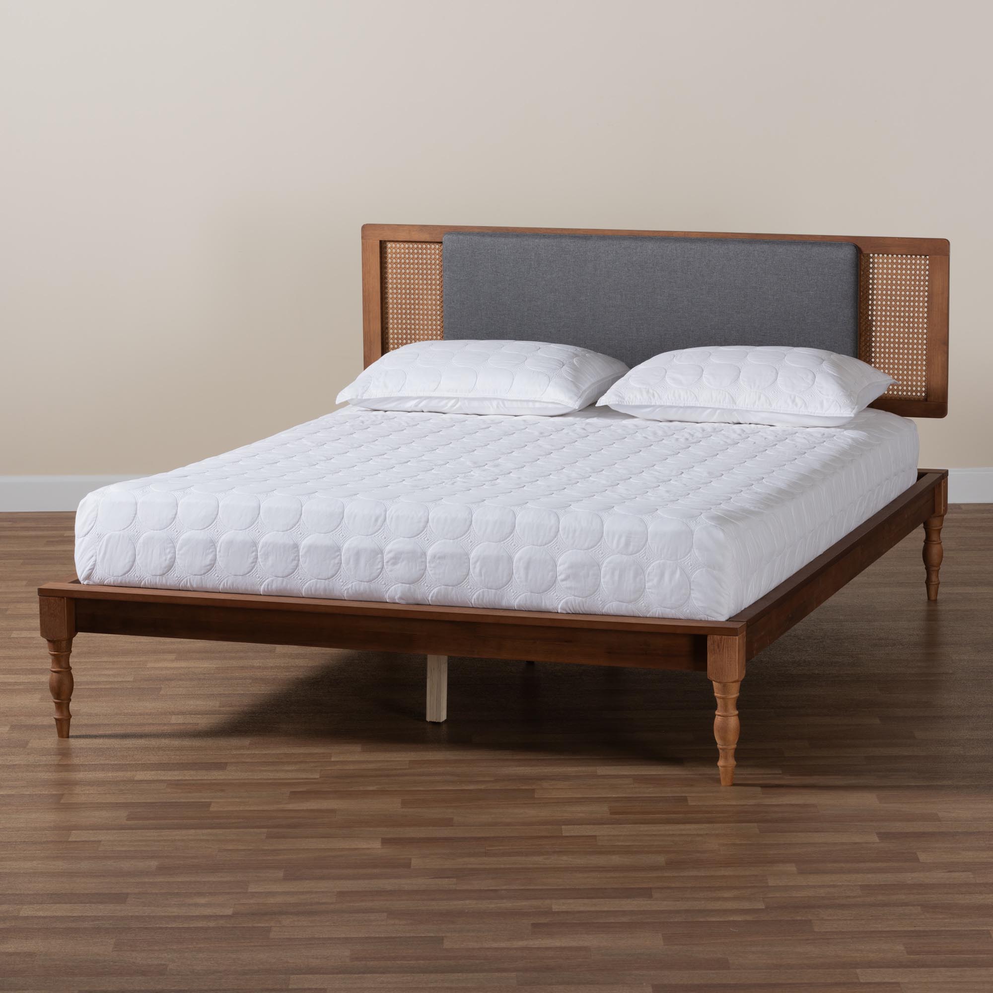 Baxton Studio Eliseo Mid-Century Modern Dark Grey Fabric and Walnut Brown Finished Wood King Size Platform Bed