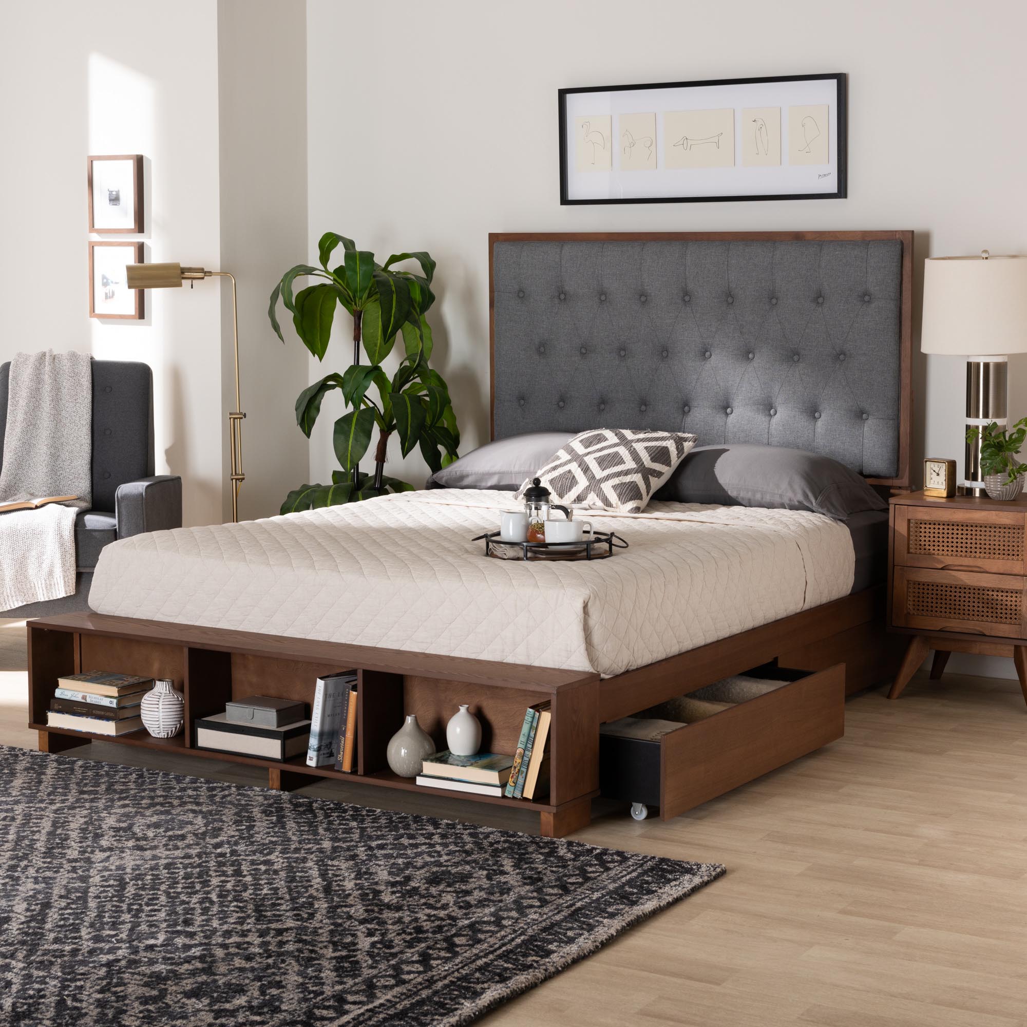 Baxton Studio Jalie Classic Transitional Grey Fabric and Walnut Brown Finished Wood King Size Platform Storage Bed