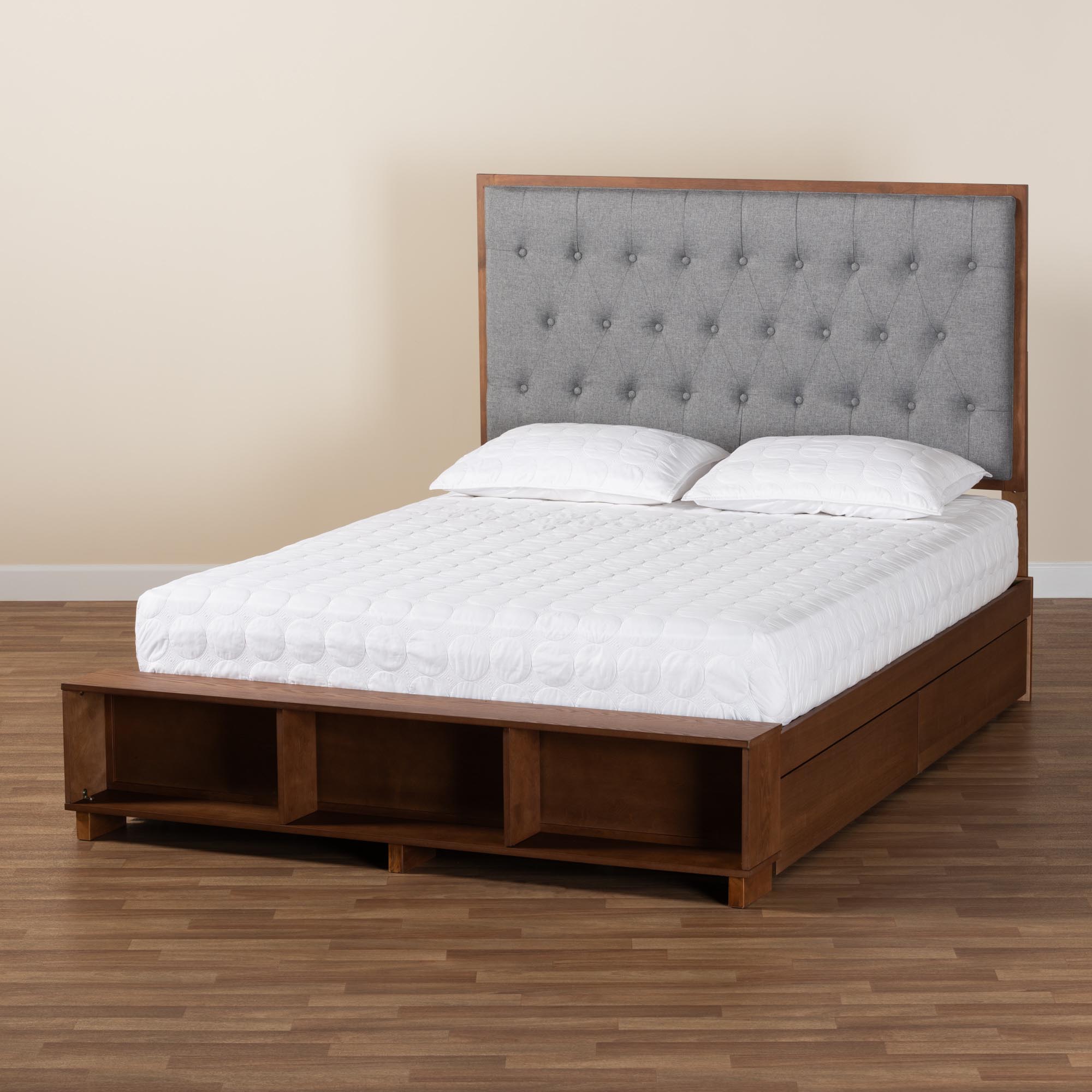 Baxton Studio Jalie Classic Transitional Grey Fabric and Walnut Brown Finished Wood King Size Platform Storage Bed