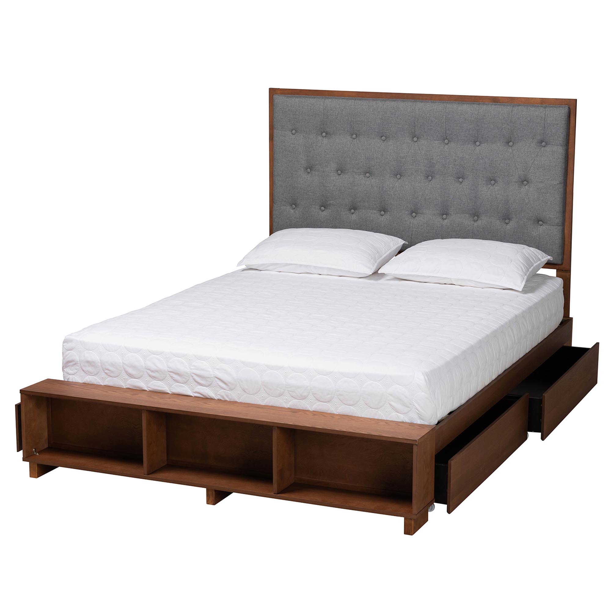 Baxton Studio Jalie Classic Transitional Grey Fabric and Walnut Brown Finished Wood King Size Platform Storage Bed
