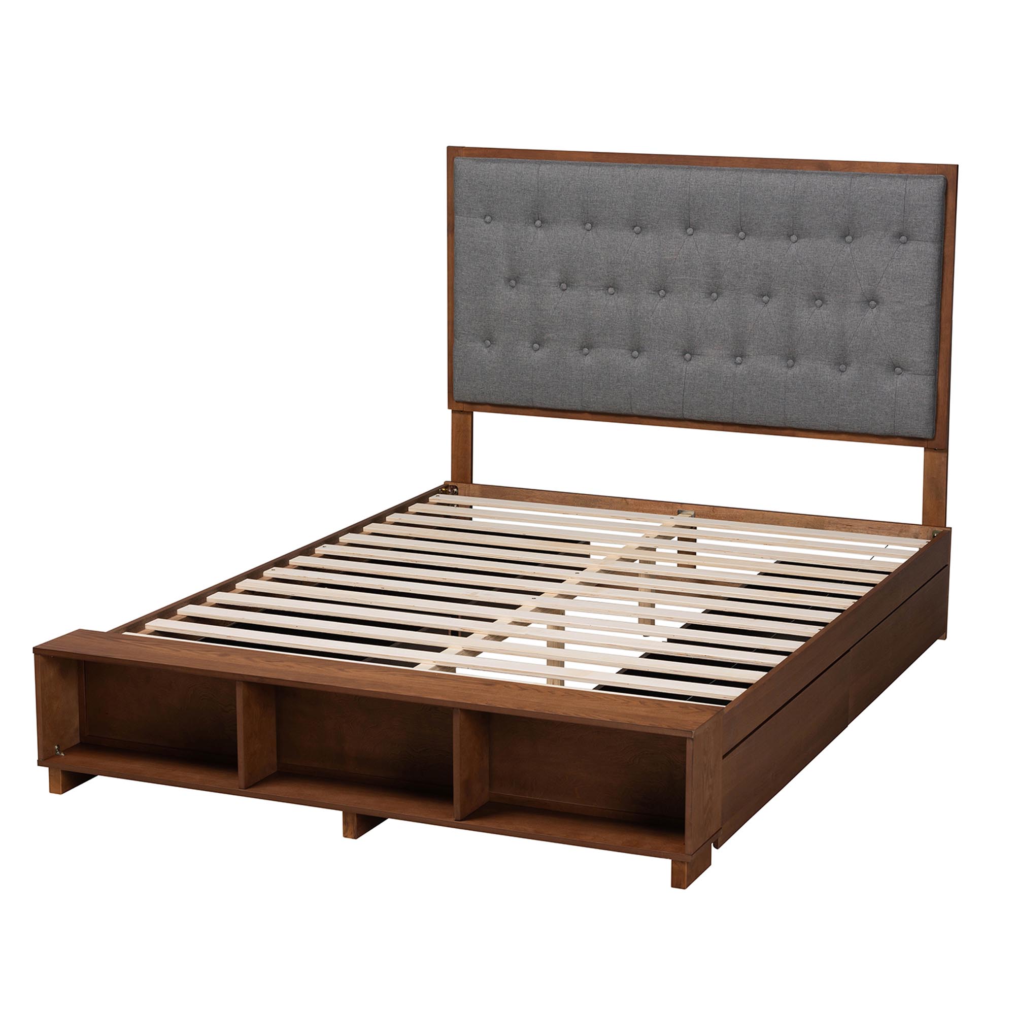 Baxton Studio Jalie Classic Transitional Grey Fabric and Walnut Brown Finished Wood King Size Platform Storage Bed