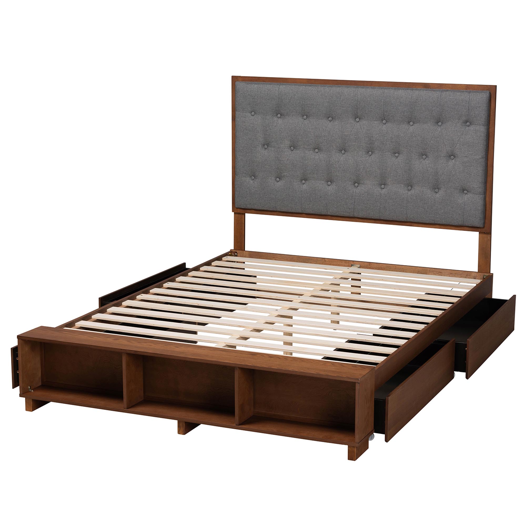 Baxton Studio Jalie Classic Transitional Grey Fabric and Walnut Brown Finished Wood King Size Platform Storage Bed