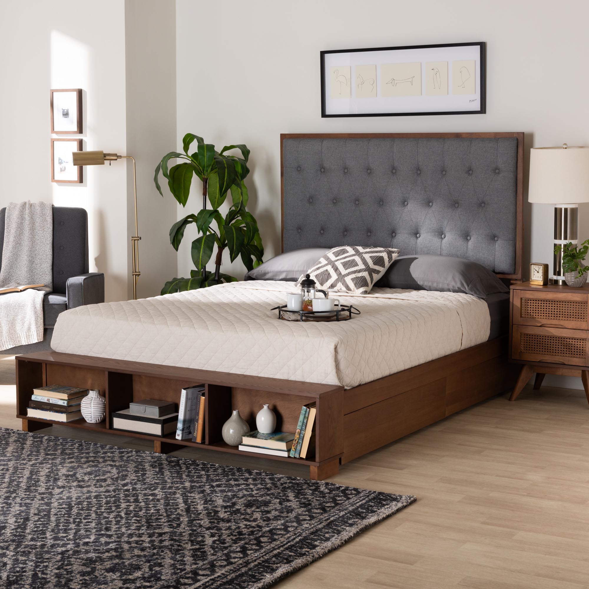Baxton Studio Jalie Classic Transitional Grey Fabric and Walnut Brown Finished Wood King Size Platform Storage Bed