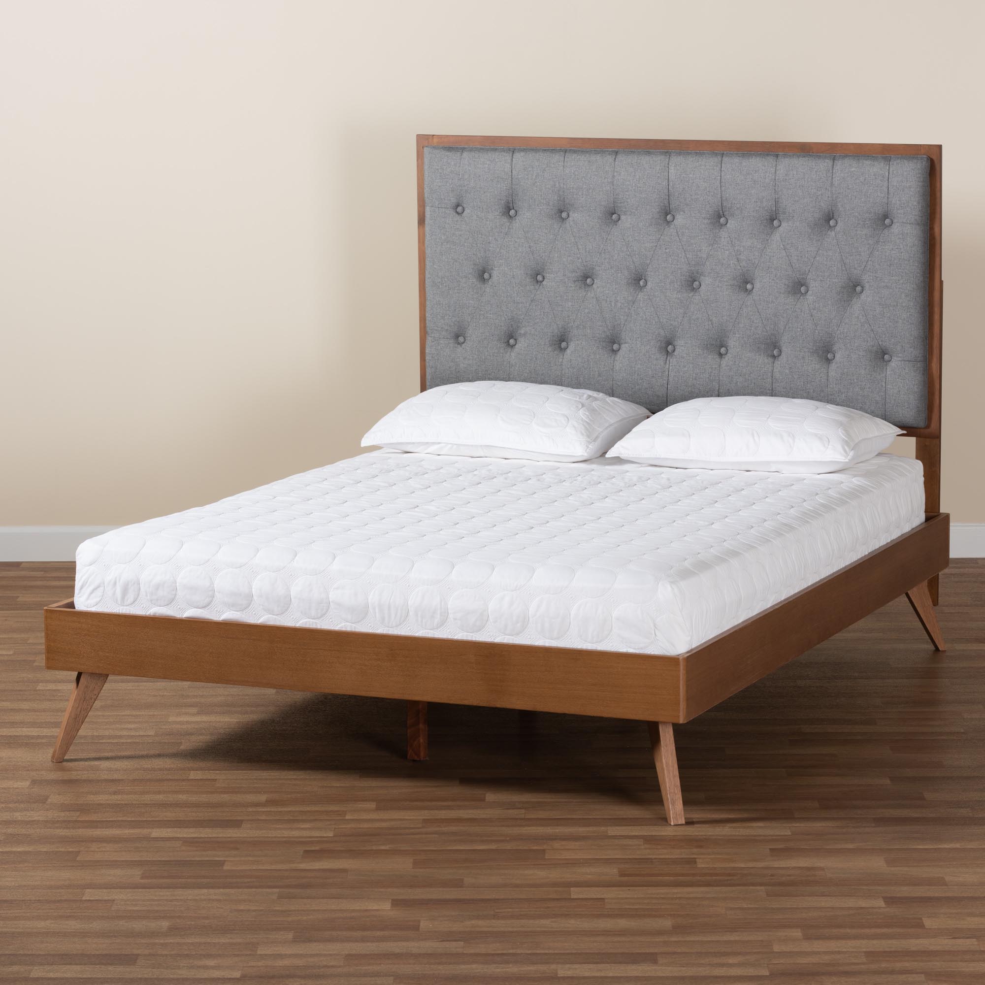 Baxton Studio Dericia Classic and Traditional Grey Fabric and Walnut Brown Finished Wood King Size Platform Bed