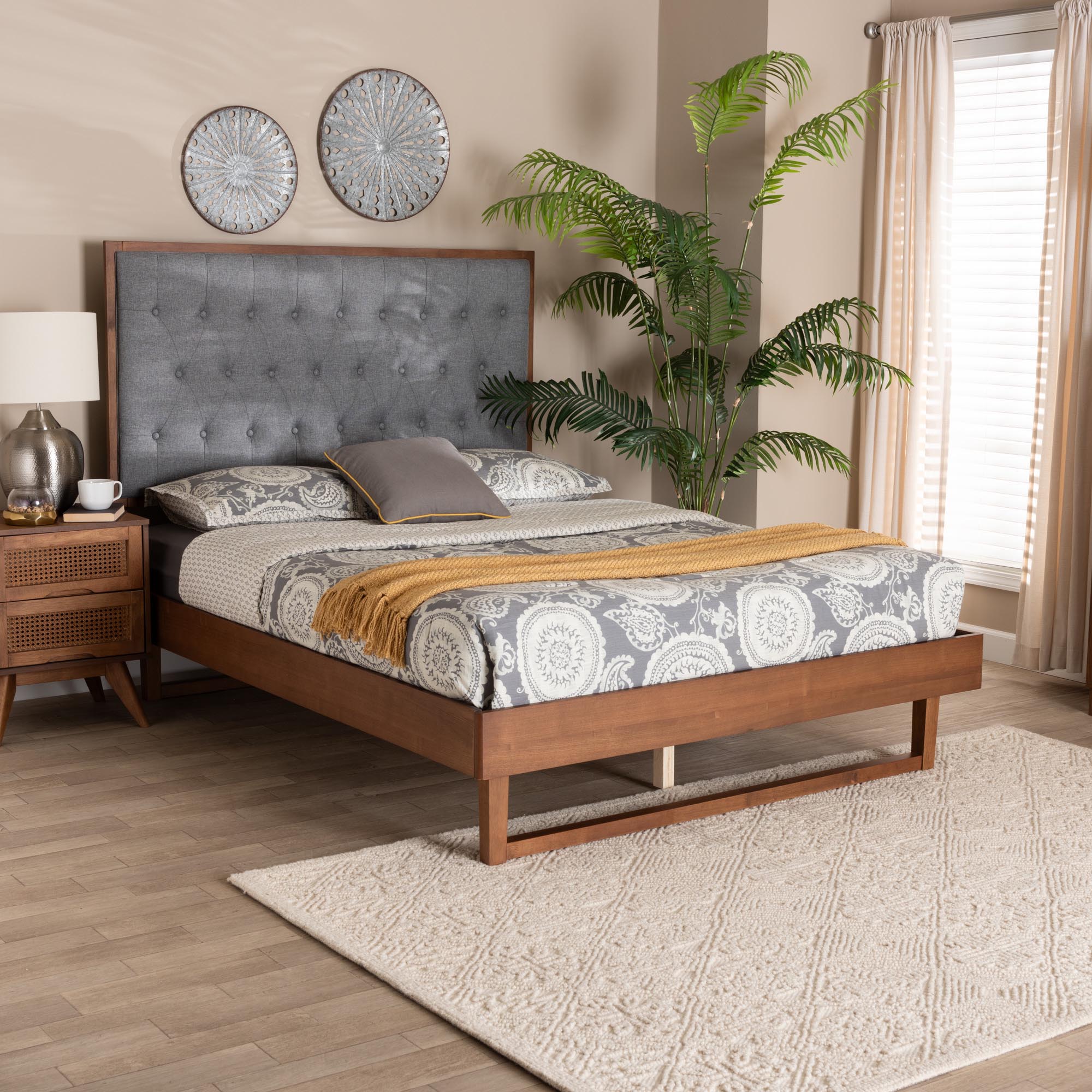 Baxton Studio Bryn Classic and Traditional Grey Fabric and Walnut Brown Finished Wood King Size Platform Bed