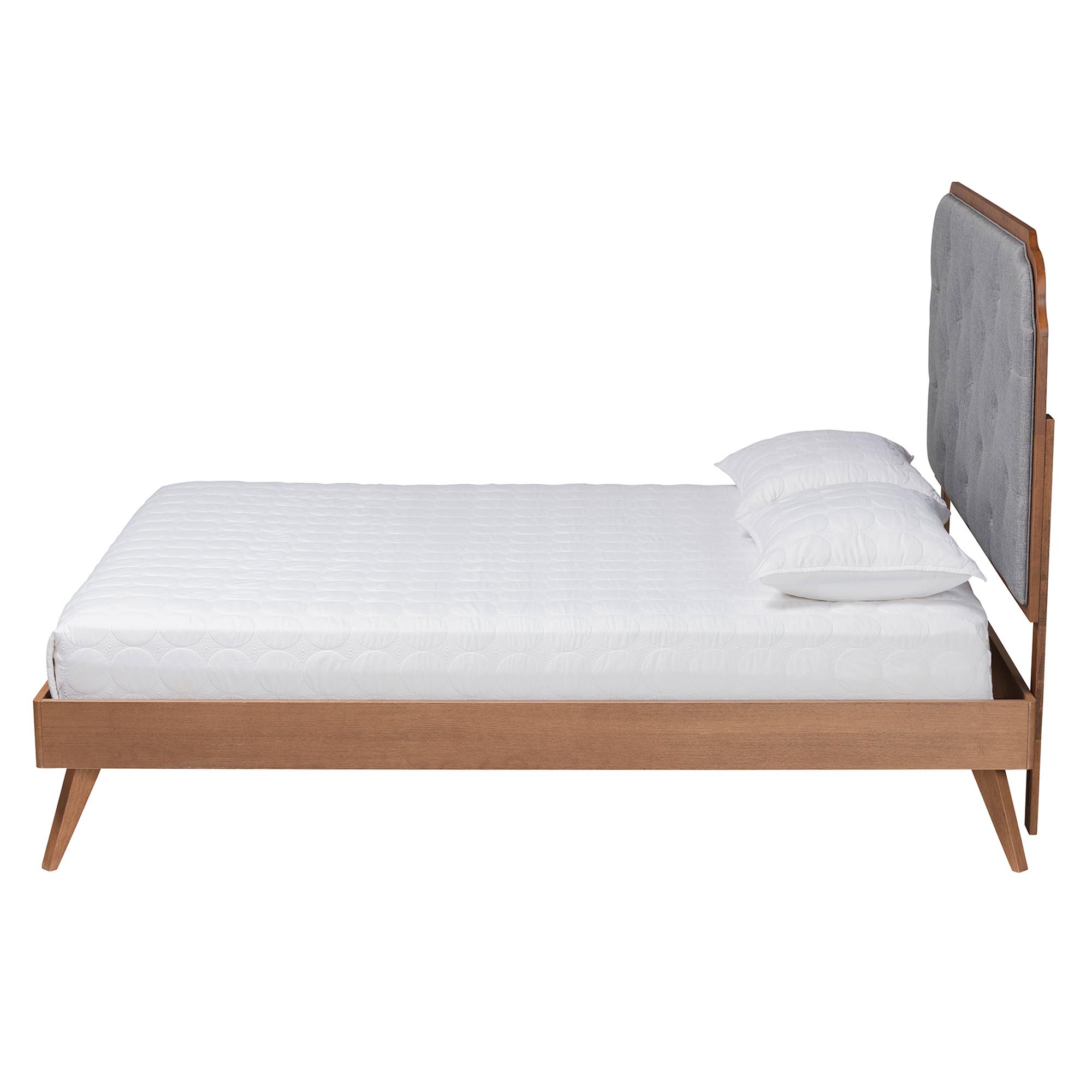 Baxton Studio Lorana Mid-Century Modern Grey Fabric and Walnut Brown Wood King Size Platform Bed