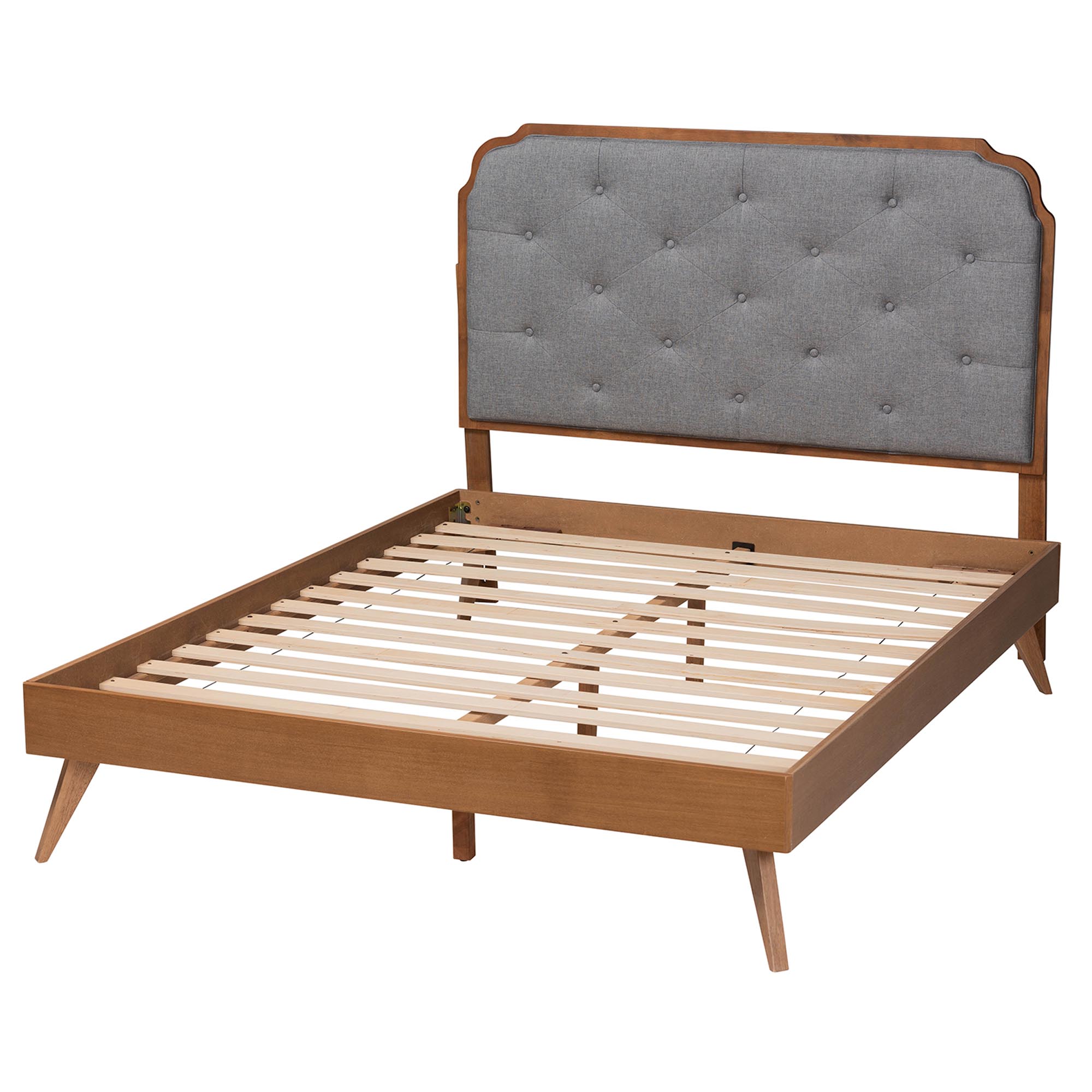 Baxton Studio Lorana Mid-Century Modern Grey Fabric and Walnut Brown Wood King Size Platform Bed