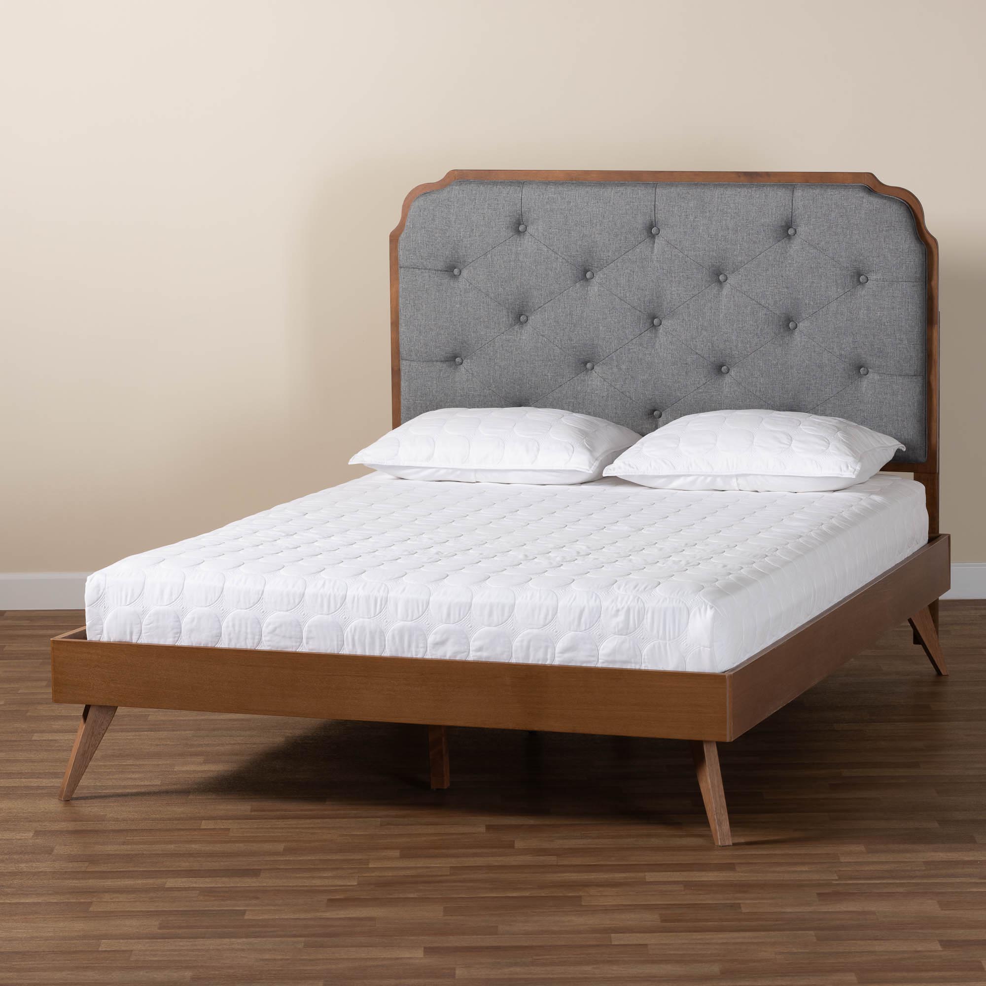 Baxton Studio Lorana Mid-Century Modern Grey Fabric and Walnut Brown Wood King Size Platform Bed