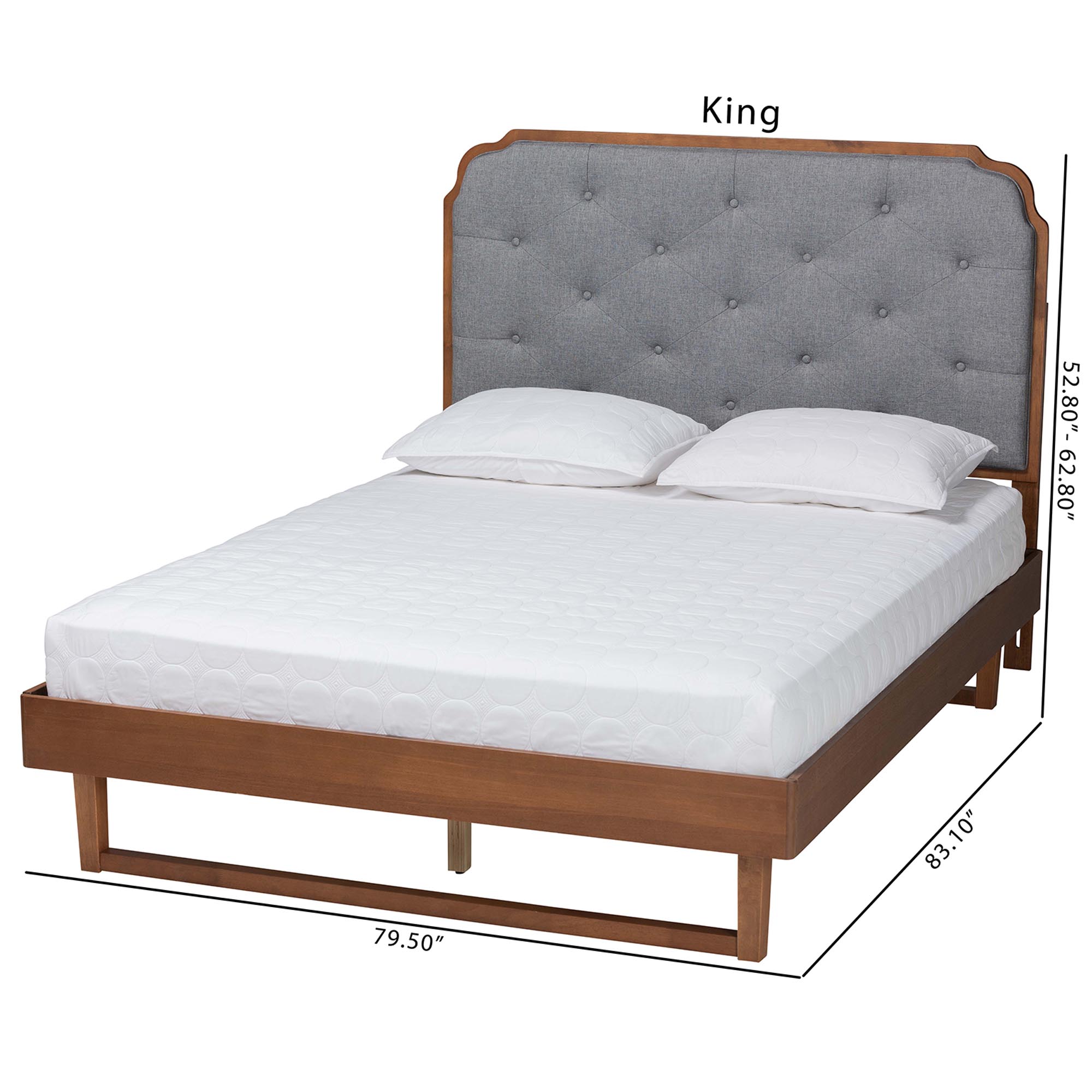 Baxton Studio Roald Mid-Century Modern Grey Fabric and Walnut Brown Wood King Size Platform Bed