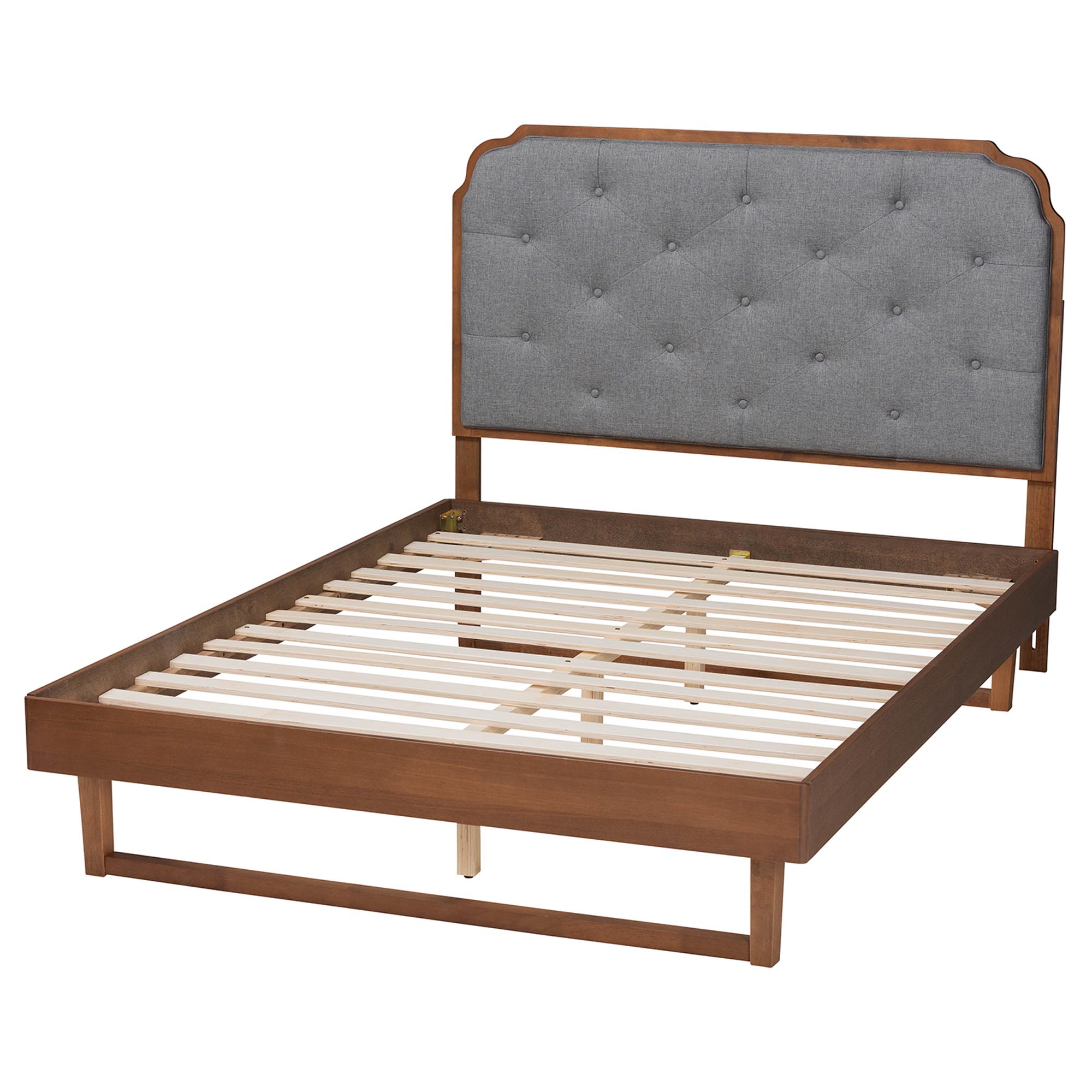 Baxton Studio Roald Mid-Century Modern Grey Fabric and Walnut Brown Wood King Size Platform Bed