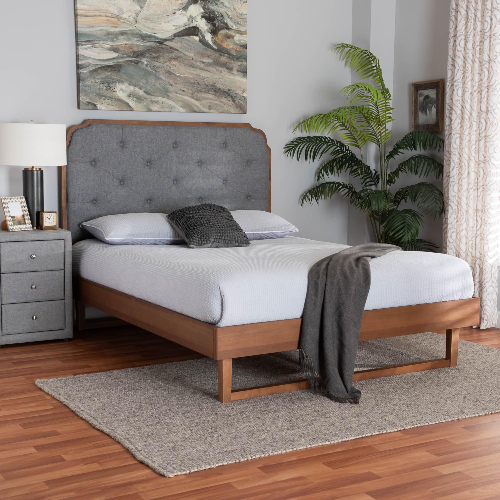 Baxton Studio Roald Mid-Century Modern Grey Fabric and Walnut Brown Wood King Size Platform Bed