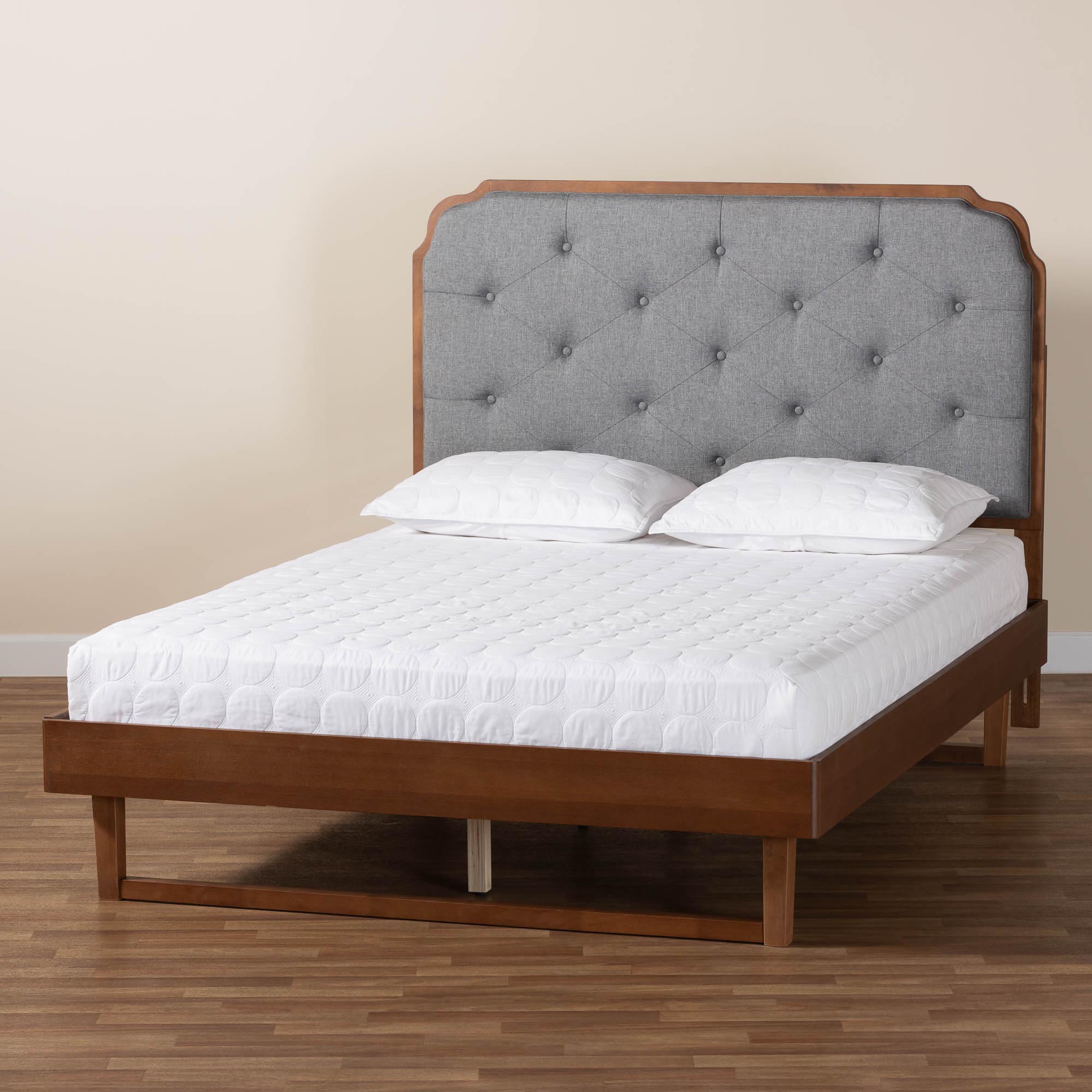 Baxton Studio Roald Mid-Century Modern Grey Fabric and Walnut Brown Wood King Size Platform Bed