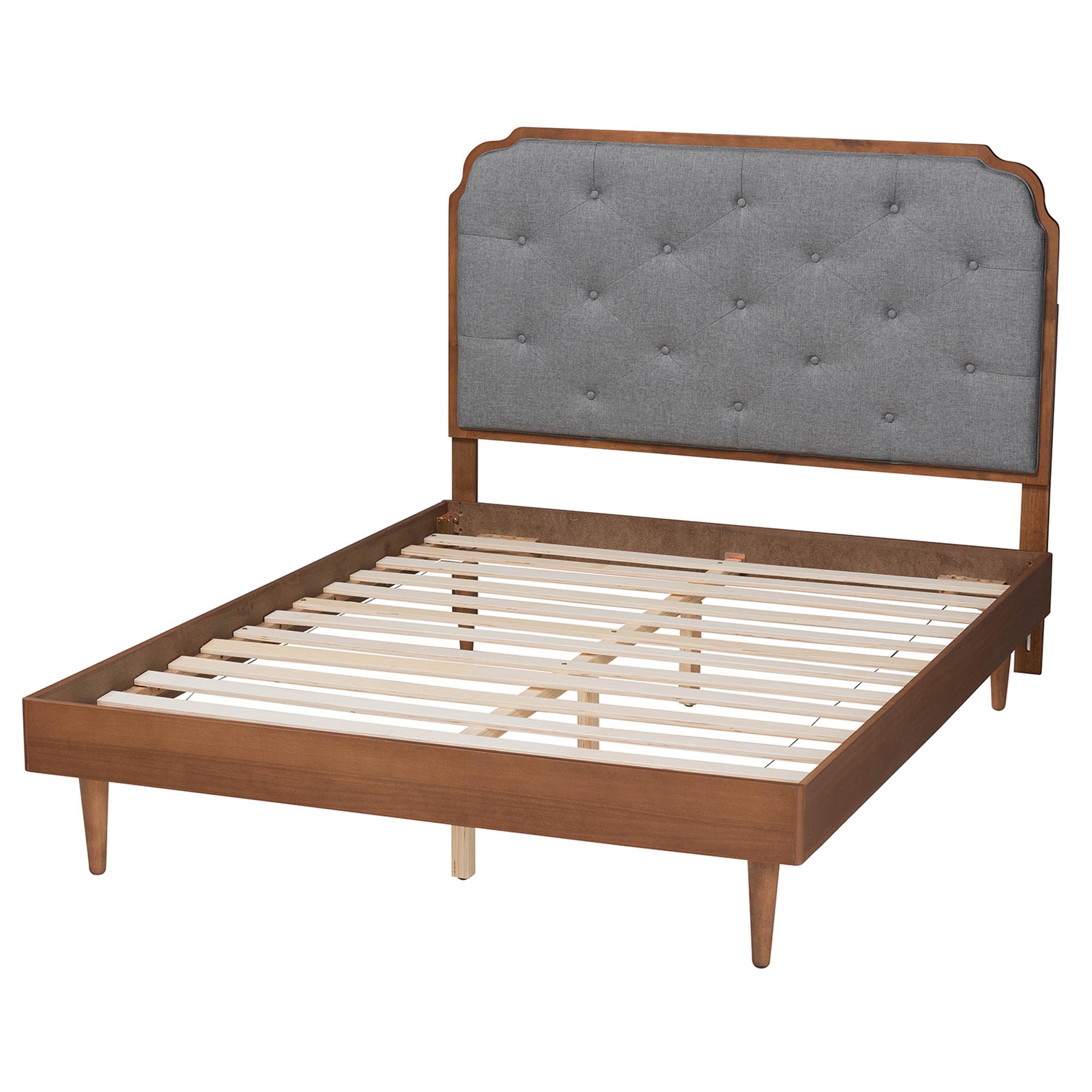 Baxton Studio Garron Mid-Century Modern Grey Fabric and Walnut Brown Wood King Size Platform Bed