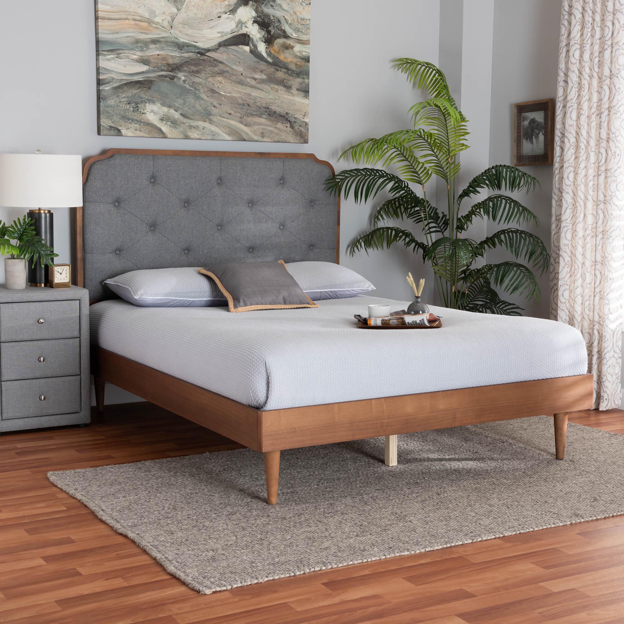 Baxton Studio Garron Mid-Century Modern Grey Fabric and Walnut Brown Wood King Size Platform Bed