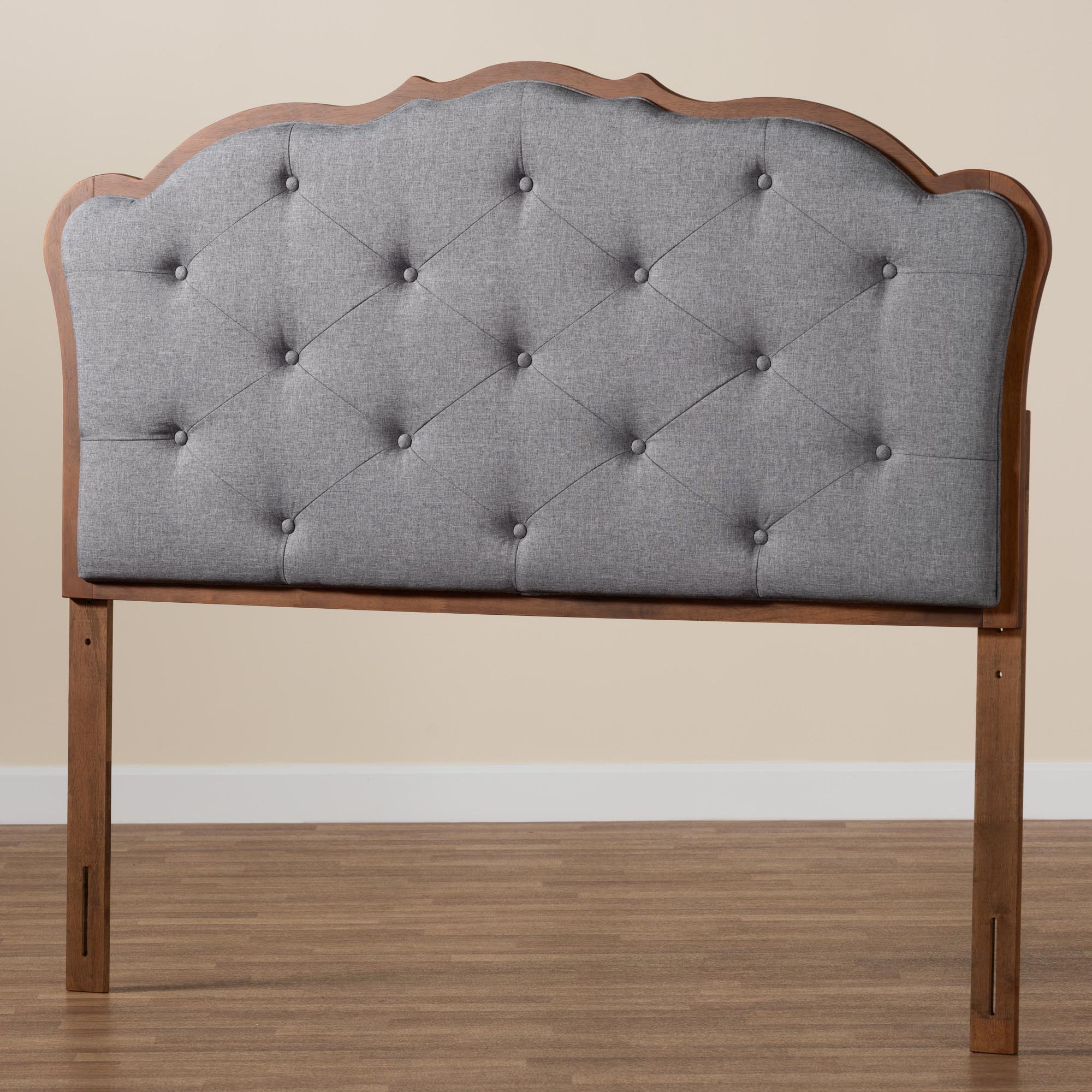 Baxton Studio Leandra Classic and Traditional Grey Fabric and Walnut Brown Finished Wood Queen Size Headboard