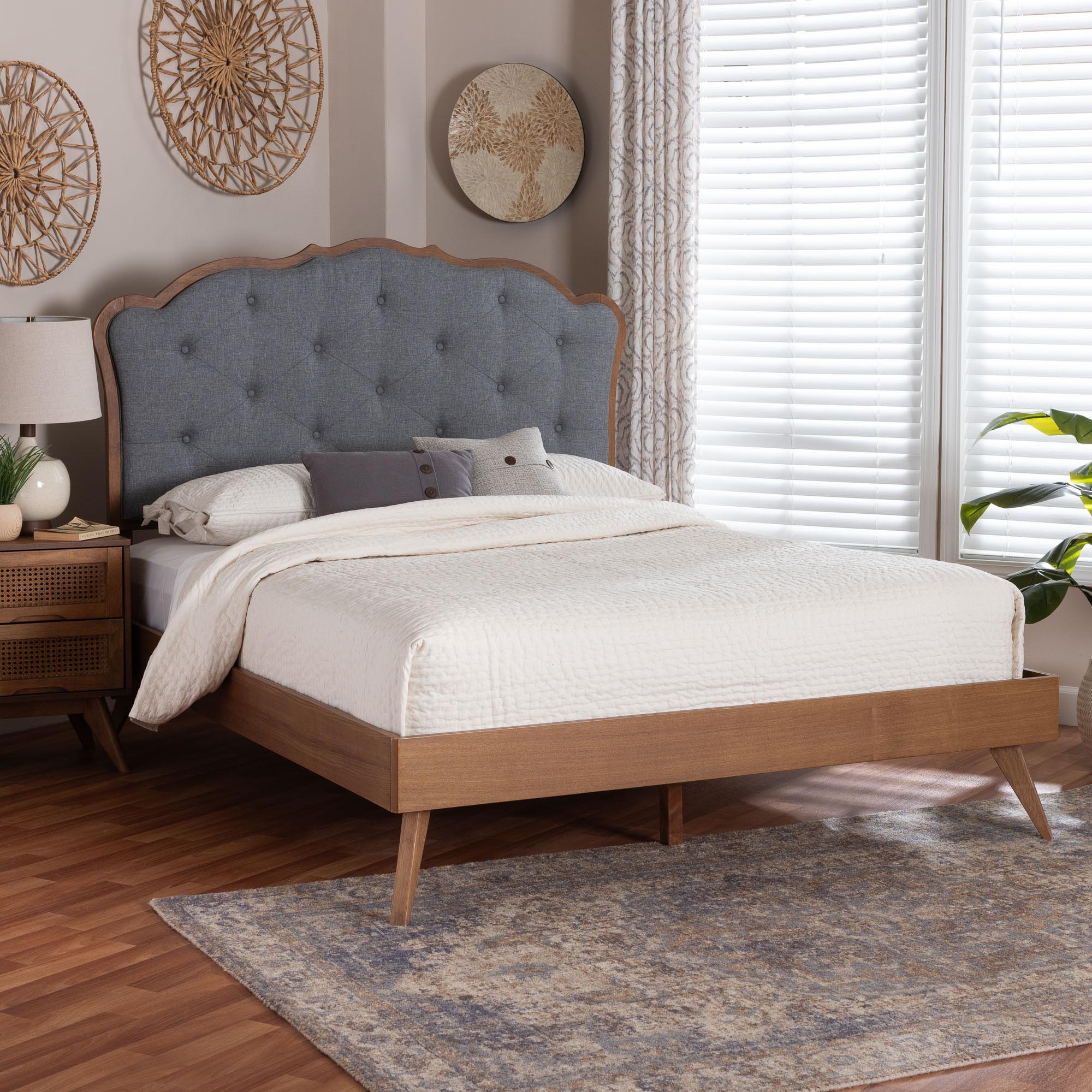 Baxton Studio Aithan Platform Bed - Mid-Century Modern Bed with Upholstered Headboard and Button Tufted Design, Queen