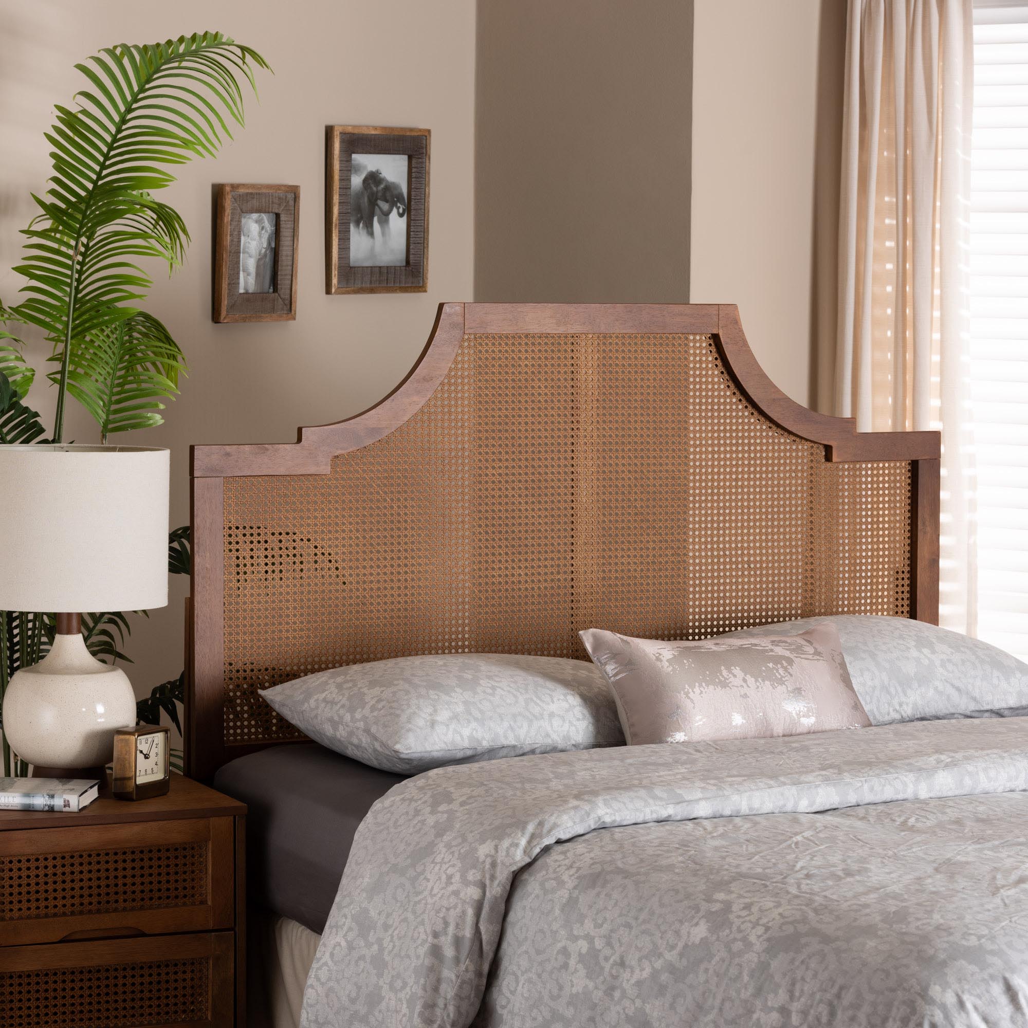 Baxton Studio Risha Mid-Century Modern Ash Walnut Finished Wood and Rattan King Size Headboard
